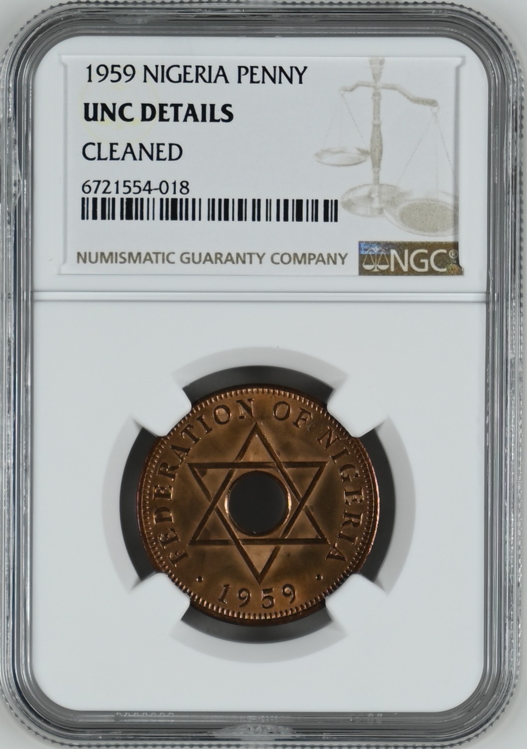 长老汇龙年精选第三场 1959 尼日利亚伊丽莎白二1便士精制铜币，NGC UNC，误杀，发行量6031枚