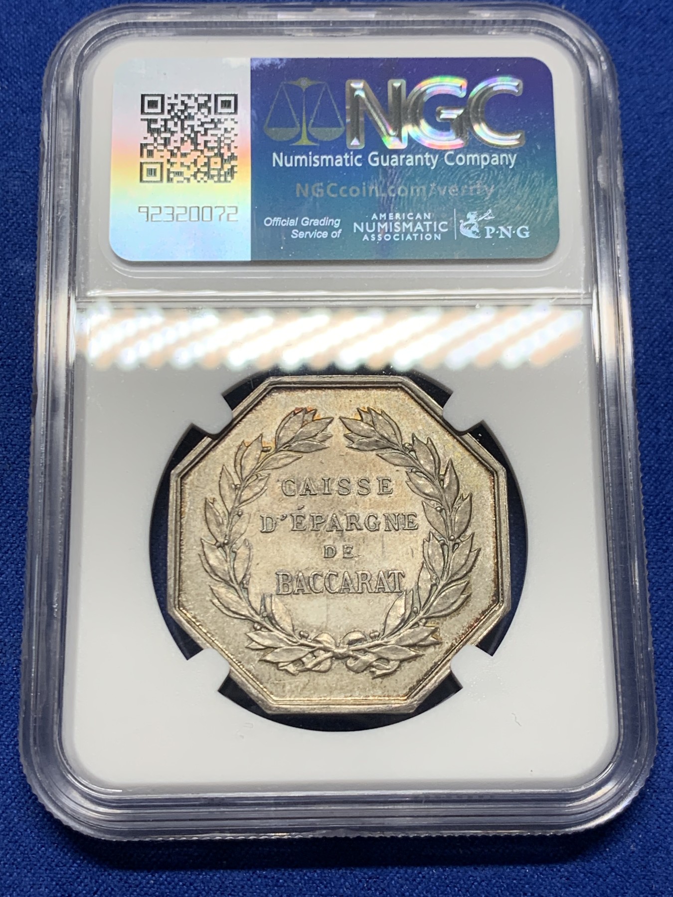 《竞宝斋》第250场-周日，周一 ，周二3场连拍 (全场包邮) NGC-MS64 法国八角银质代币，百家乐储蓄银行，首见品种