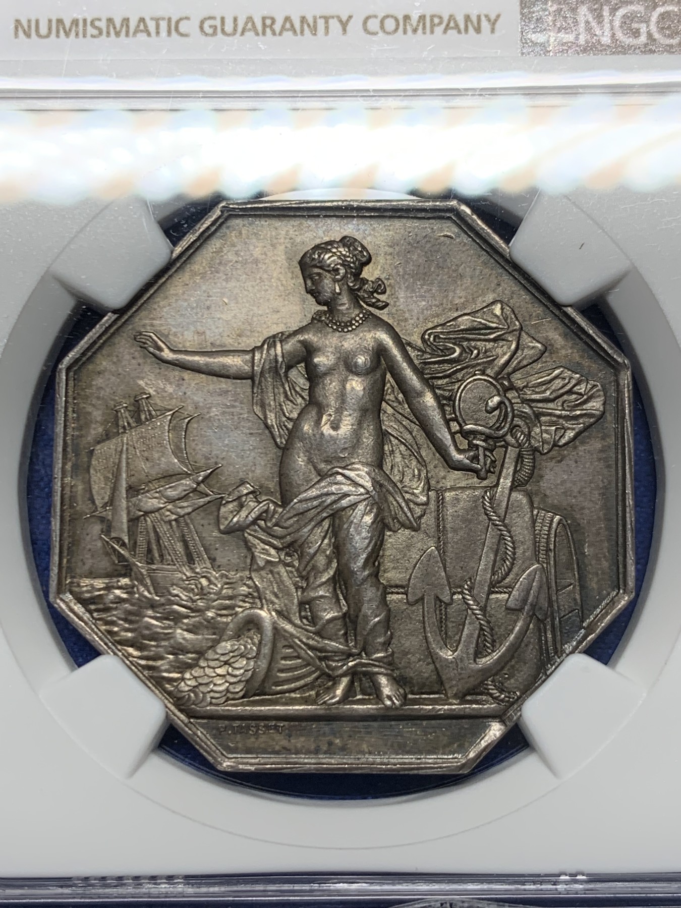 《竞宝斋》第250场-周日，周一 ，周二3场连拍 (全场包邮) NGC-MS63 法国1869年名誉品八角银章，先见之明保险公司，优雅的女神普鲁登斯