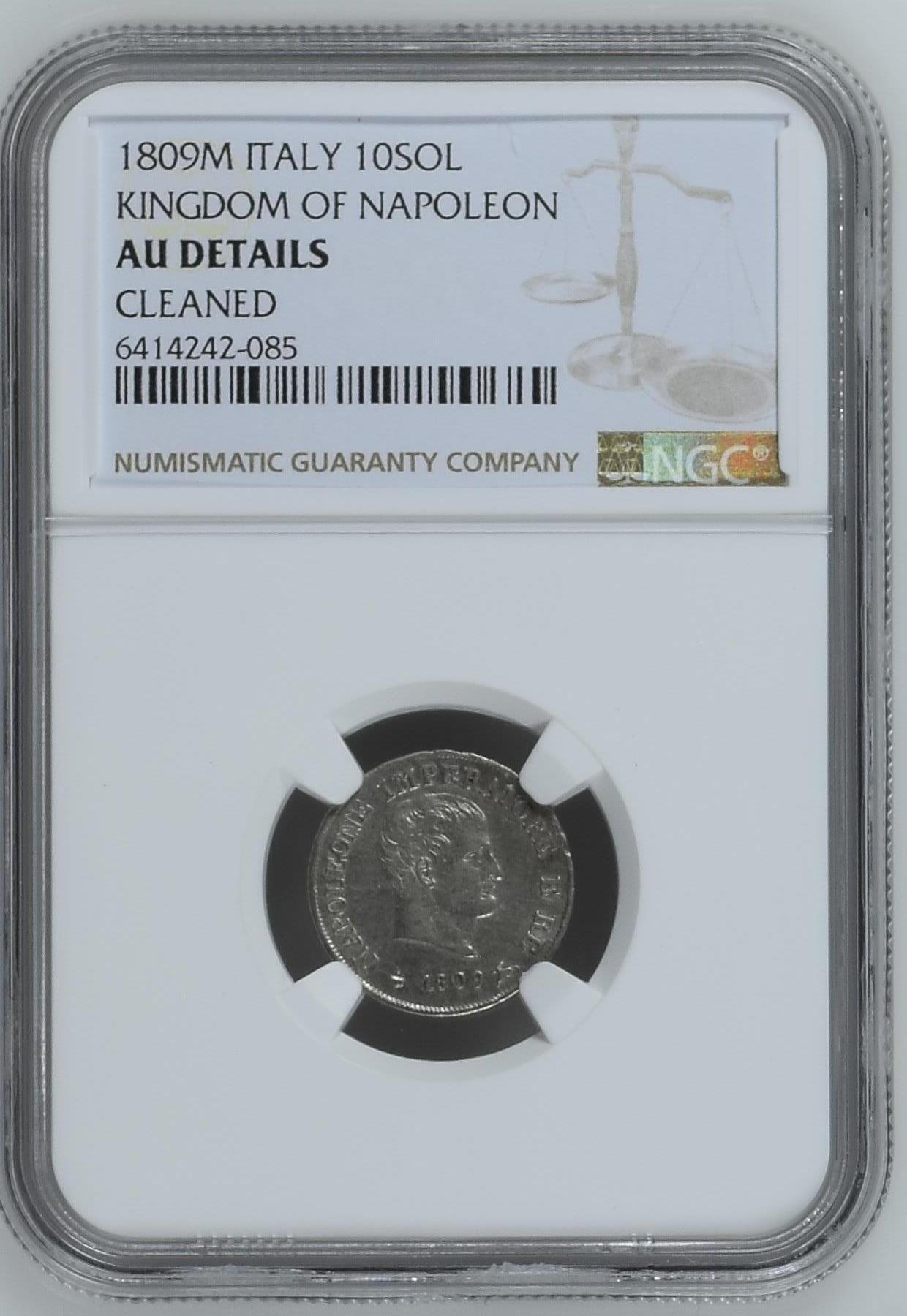 长老汇龙年精选第三场 1809M 意大利拿破仑时期10索尔迪银币，NGC AUC，这个品种N盒出分仅有一枚