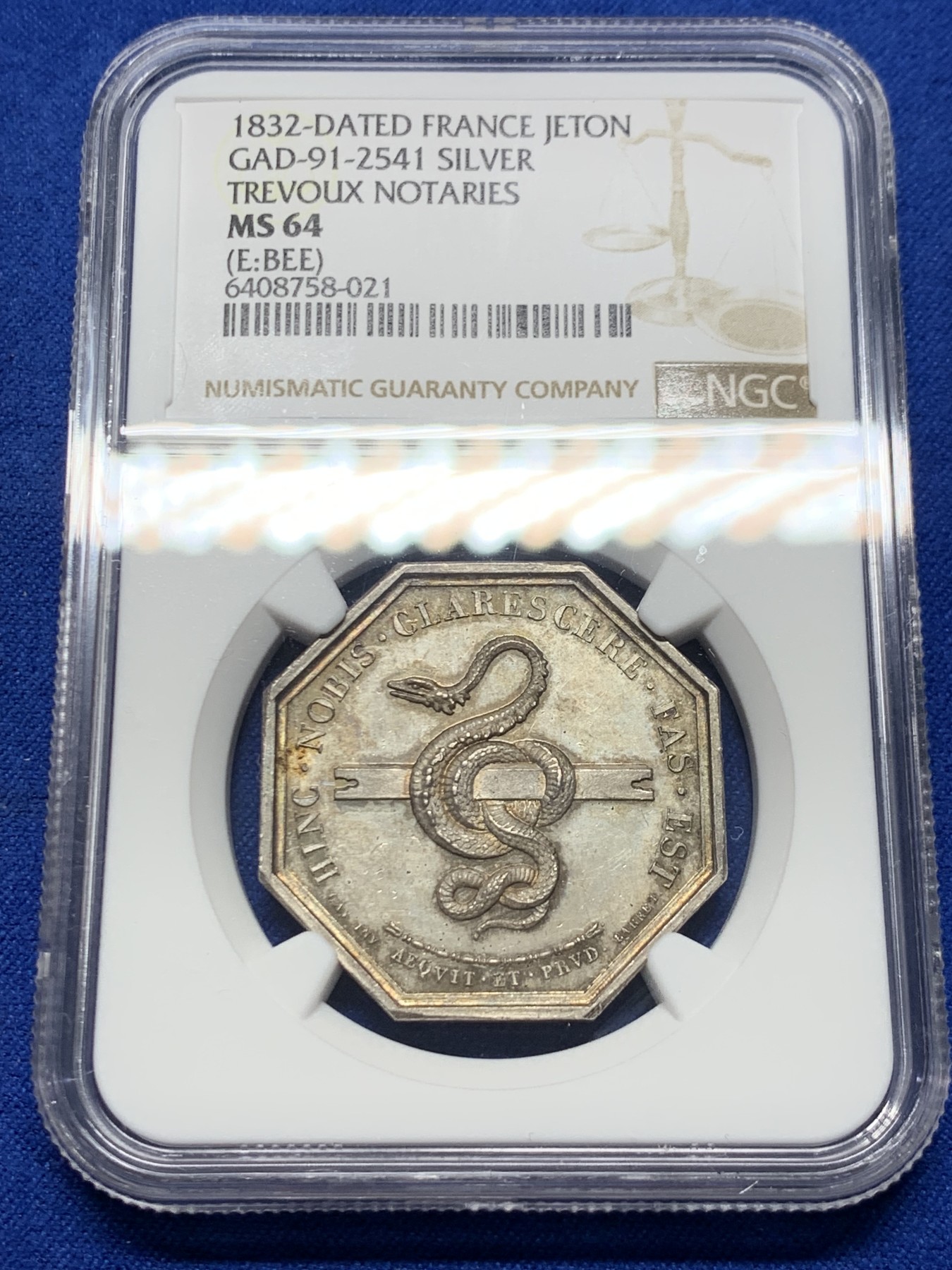 《竞宝斋》第250场-周日，周一 ，周二3场连拍 (全场包邮) NGC-MS64 法国八角银质代币，特雷武公证人，黄油包浆，蛇鳞清晰