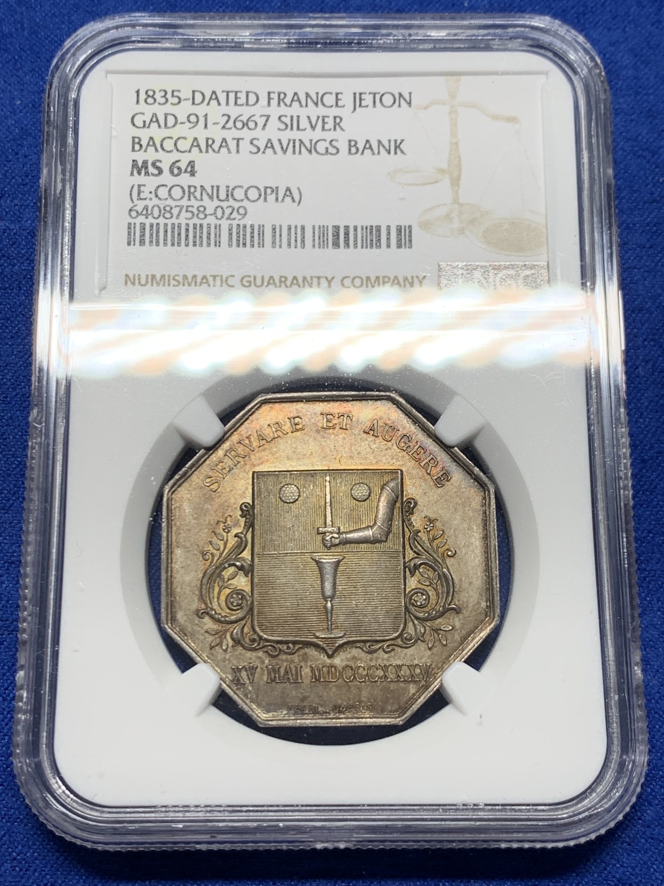 《竞宝斋》第250场-周日，周一 ，周二3场连拍 (全场包邮) NGC-MS64 法国八角银质代币，百家乐储蓄银行，首见品种