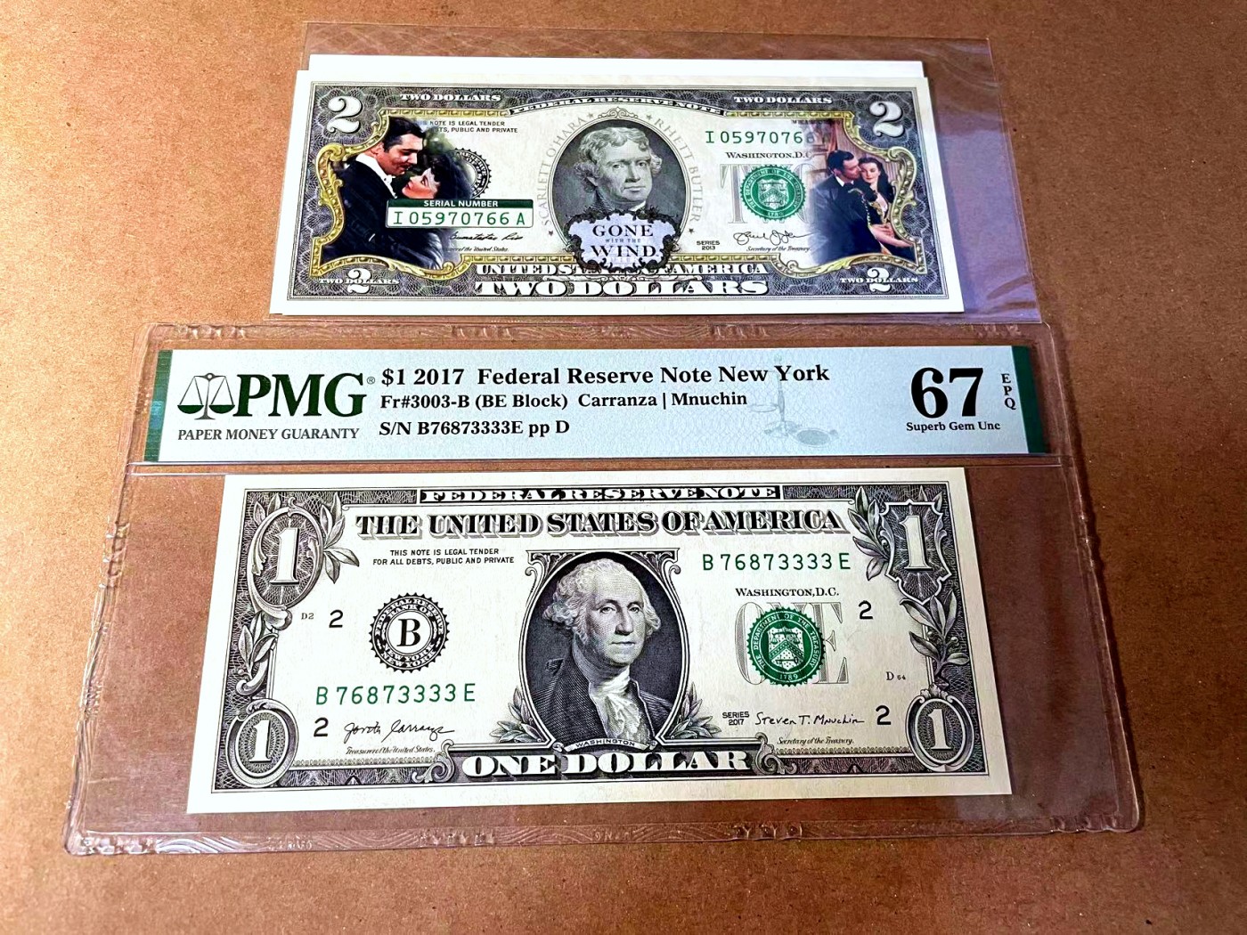 【Blue Auction】✨世界纸币精拍第448期【精】 【一组2张 包含3333狮子号】美国 2017年1美金 PMG67EPQ &美国 《乱世佳人》纪念版2美金 全新UNC