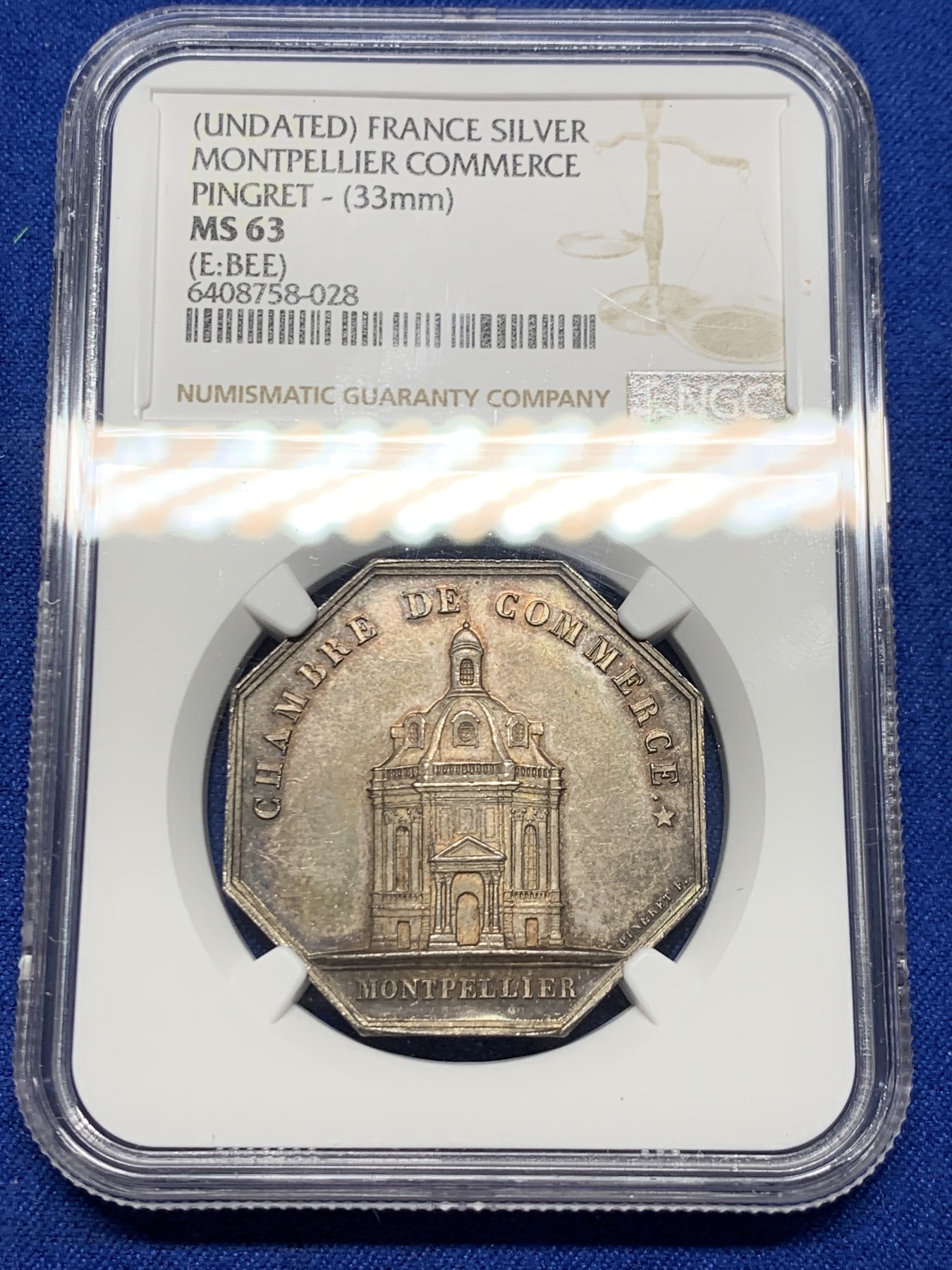 《竞宝斋》第250场-周日，周一 ，周二3场连拍 (全场包邮) NGC-MS63 法国JETON银质八角，蒙彼利埃商会