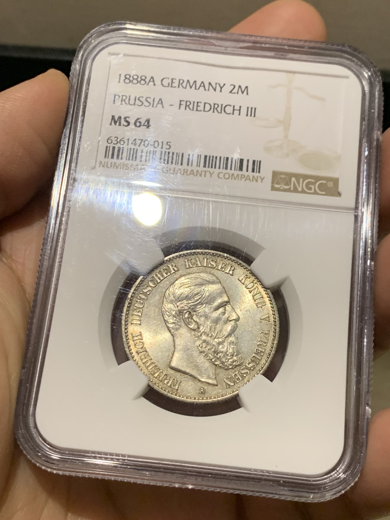 《竞宝斋》第249场-周日，周一 ，周二3场连拍 (全场包邮) NGC  MS64  德国  1888年  普鲁士弗里德里希2马克