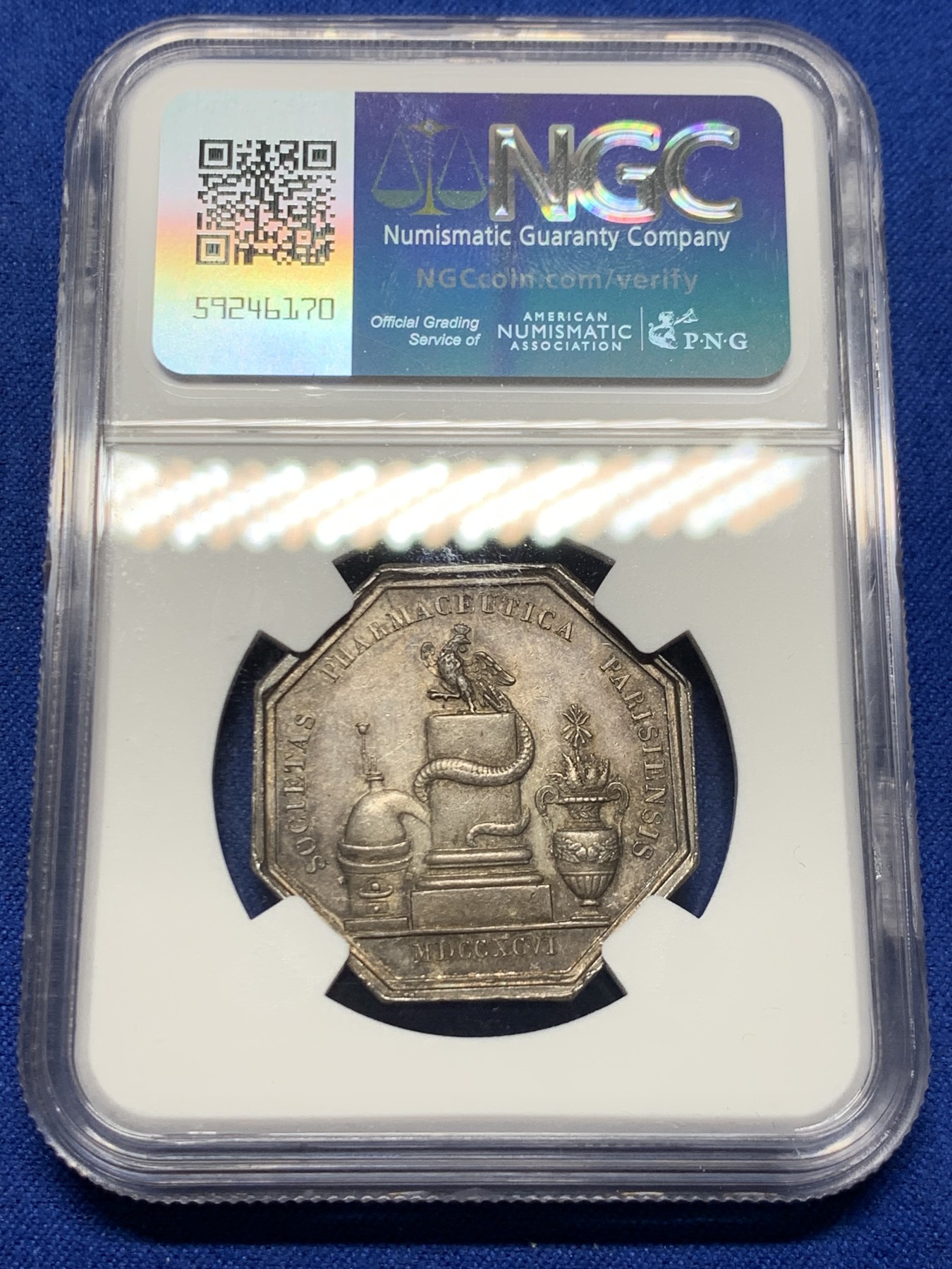 《竞宝斋》第250场-周日，周一 ，周二3场连拍 (全场包邮) NGC-MS62 法国八角银质代币，巴黎药剂师