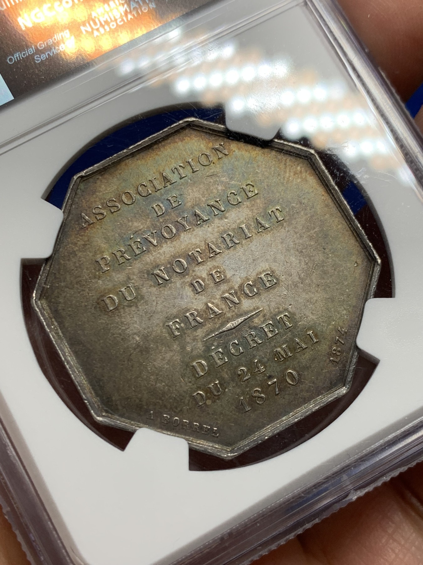 《竞宝斋》第250场-周日，周一 ，周二3场连拍 (全场包邮) NGC MS63 法国1874公证人协会八角银质代币 丰饶角边铭