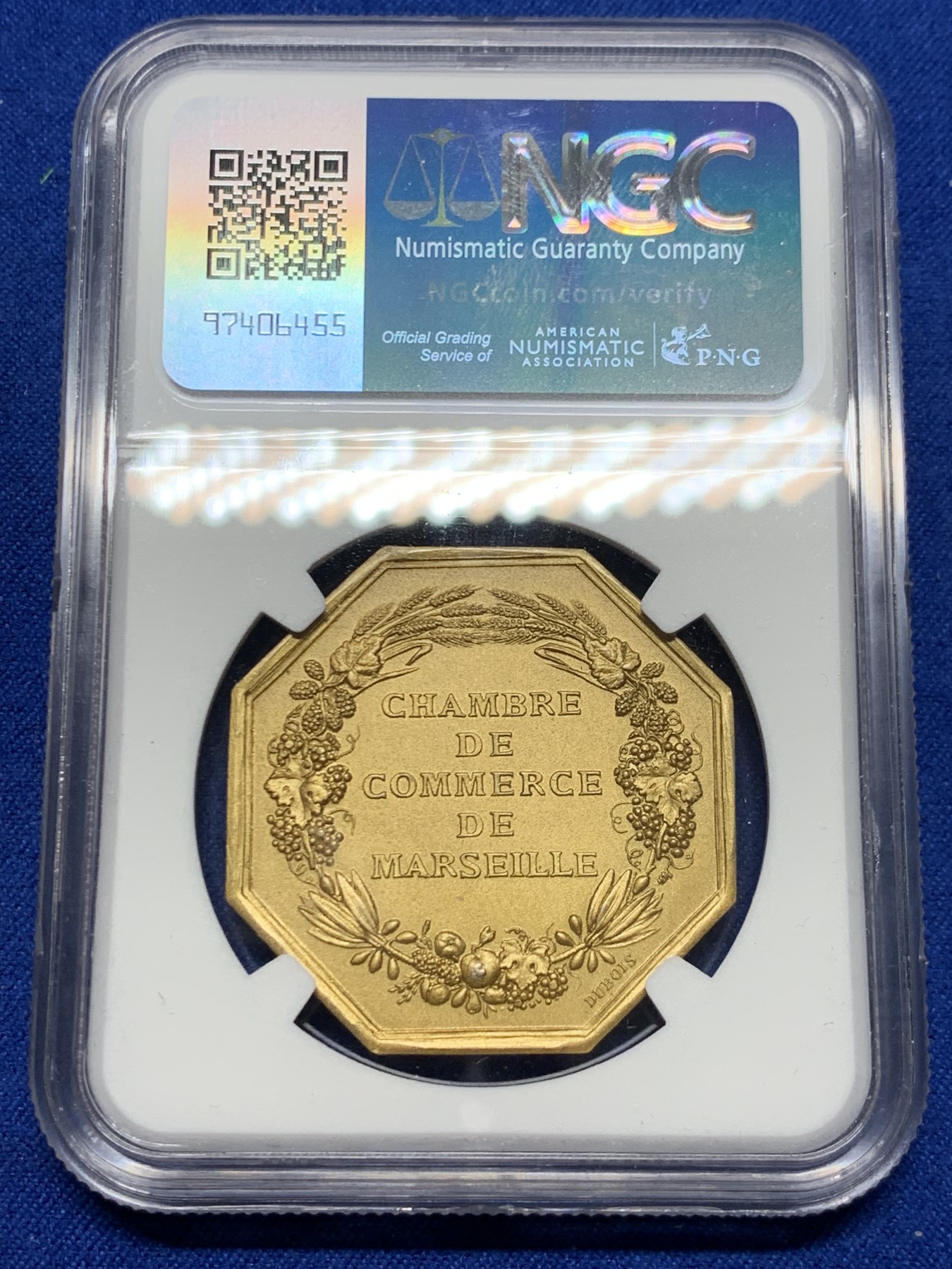 《竞宝斋》第250场-周日，周一 ，周二3场连拍 (全场包邮) NGC-MS66 法国港口景观八角镀金银质代币，马赛商会