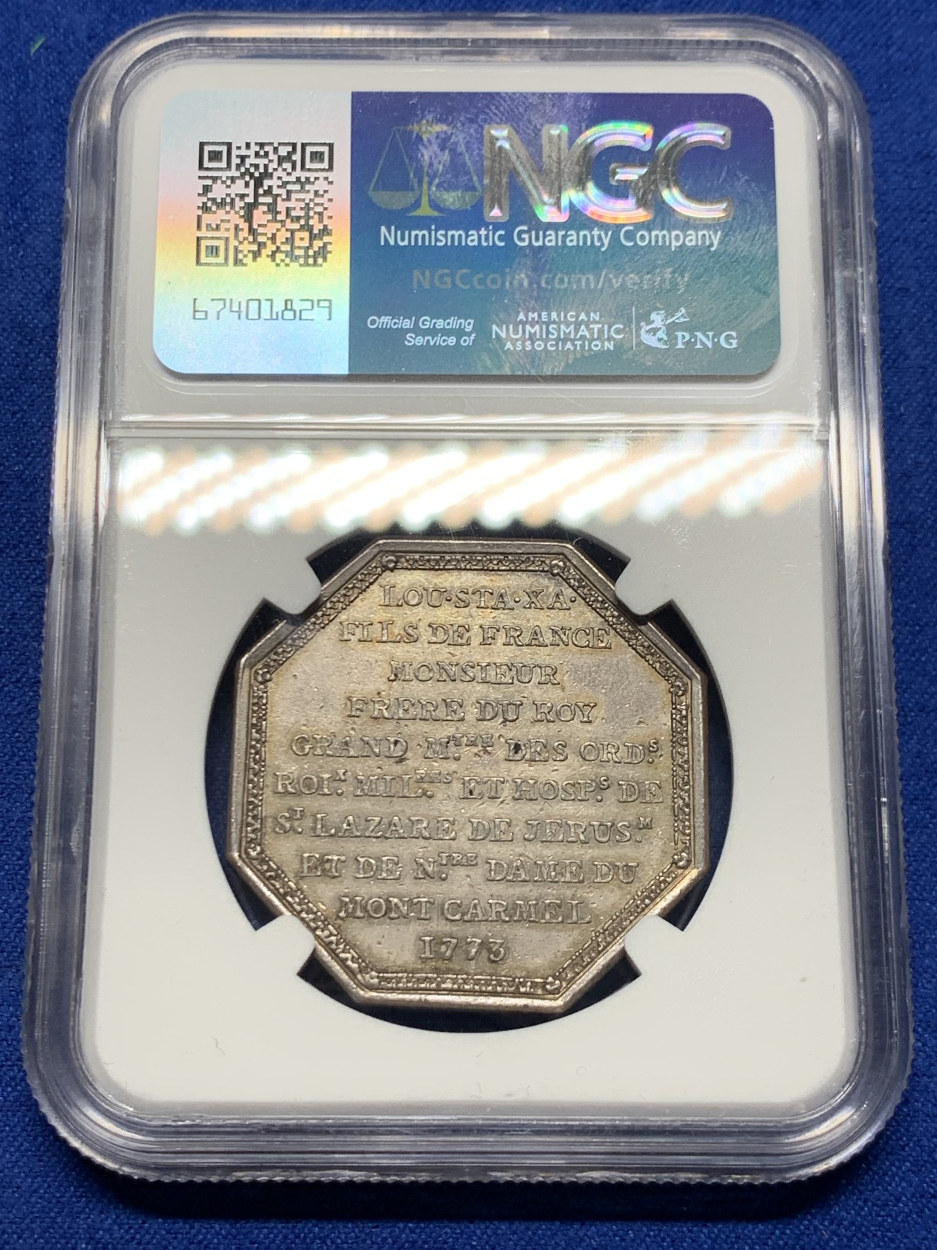 《竞宝斋》第250场-周日，周一 ，周二3场连拍 (全场包邮) NGC-AU55 法国1773年八角银质代币，卡梅山伯爵纹章，18世纪的好品难寻，早期无边铭