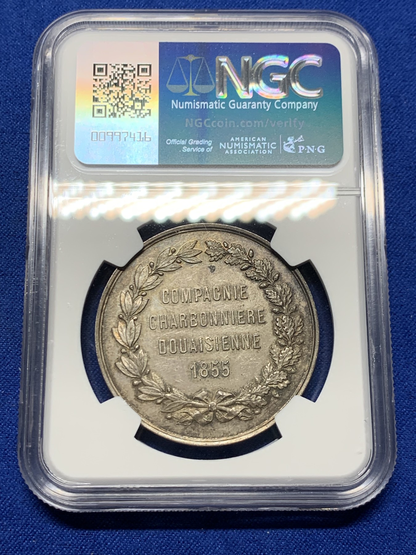 《竞宝斋》第250场-周日，周一 ，周二3场连拍 (全场包邮) NGC-MS63 法国杜埃煤炭公司银质jeton，蜜蜂边铭