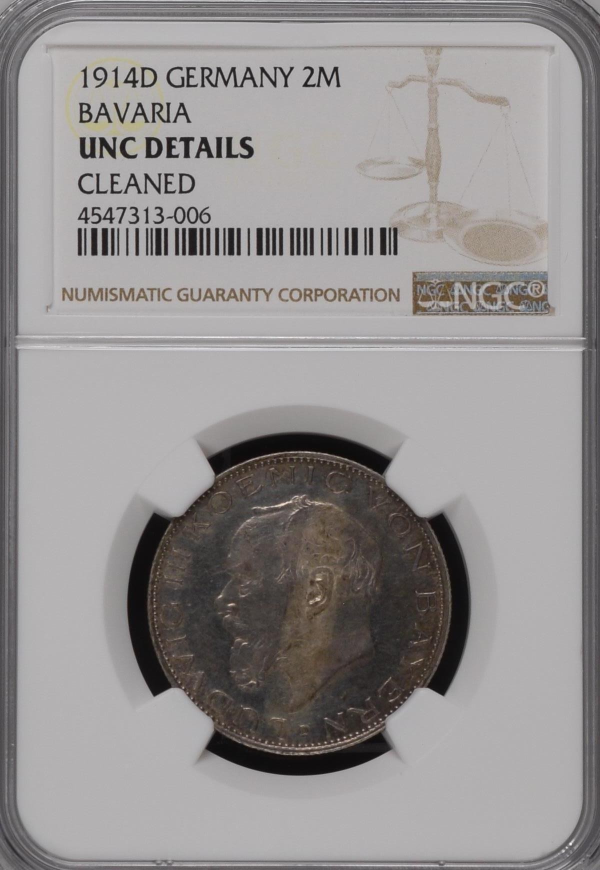 长老汇龙年精选第三场 1914D 德国巴伐利亚2马克银币，NGC UNC，误杀
