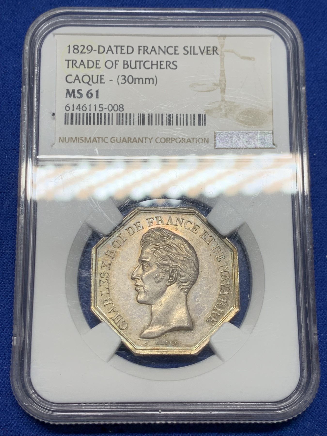 《竞宝斋》第250场-周日，周一 ，周二3场连拍 (全场包邮) NGC MS61 法国1829屠宰场贸易八角银质代币