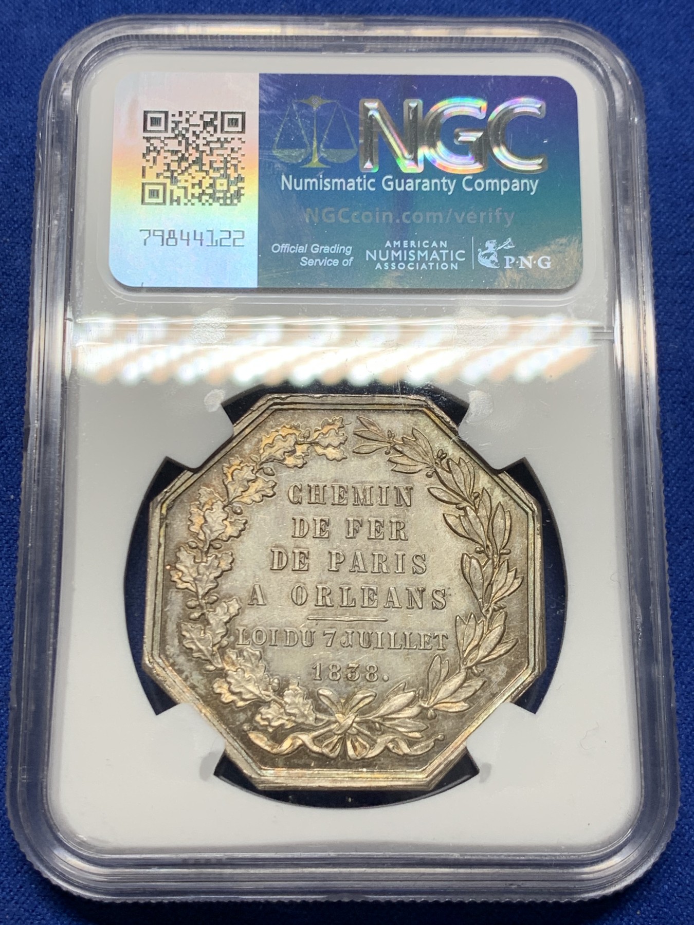 《竞宝斋》第250场-周日，周一 ，周二3场连拍 (全场包邮) NGC-MS63 法国八角银质代币，巴黎-奥尔良铁路通行