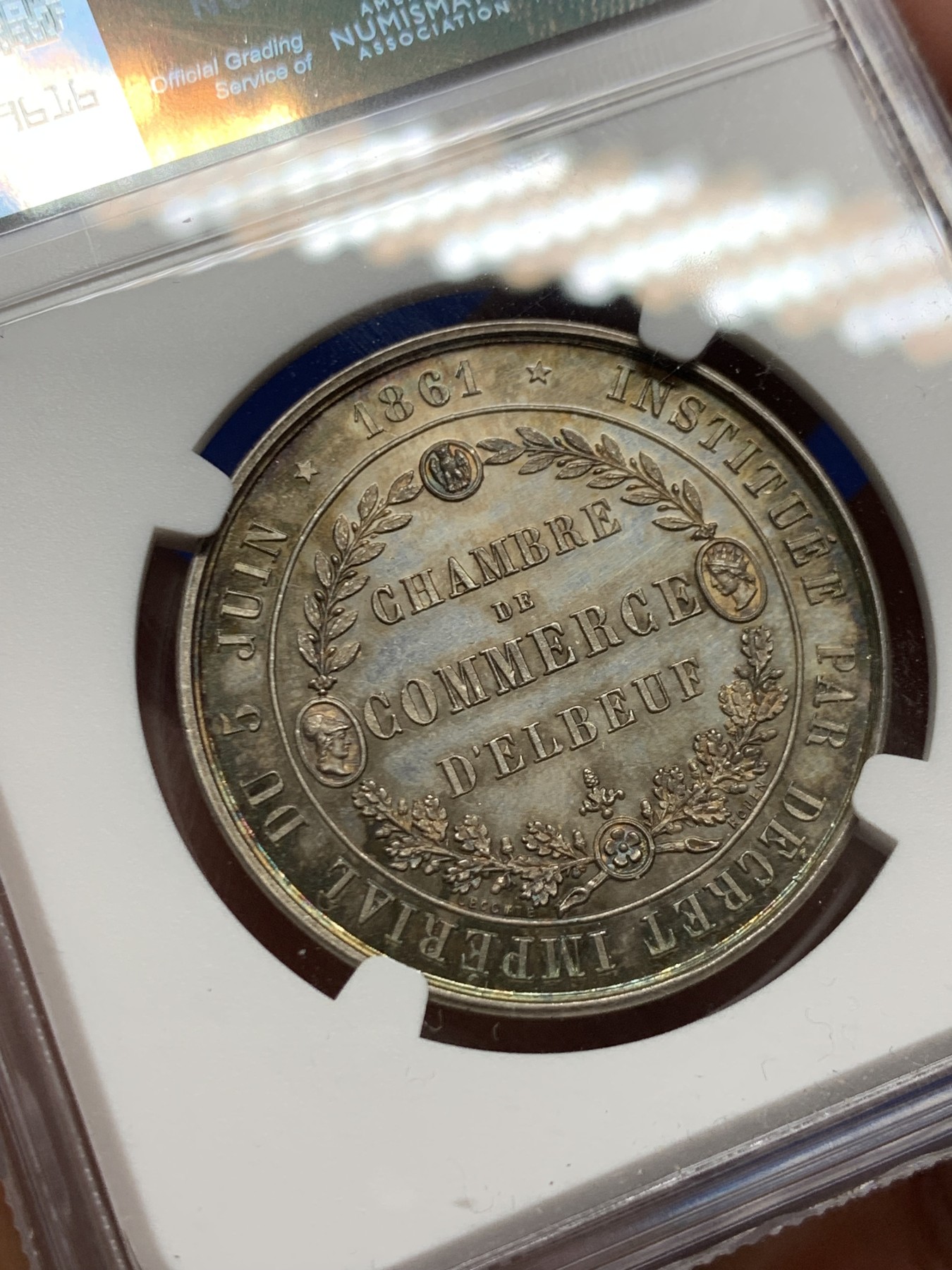 《竞宝斋》第250场-周日，周一 ，周二3场连拍 (全场包邮) NGC-MS64 法国埃尔伯夫商会银质jeton，五彩包浆