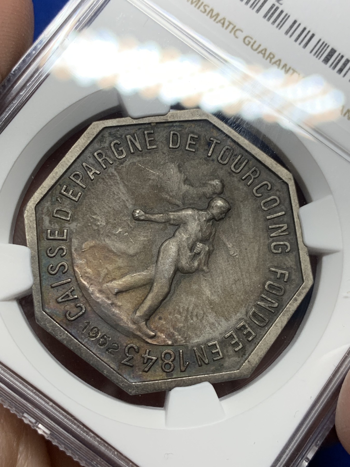 《竞宝斋》第250场-周日，周一 ，周二3场连拍 (全场包邮) NGC-MS63 法国八角银质代币，图尔昆储蓄银行