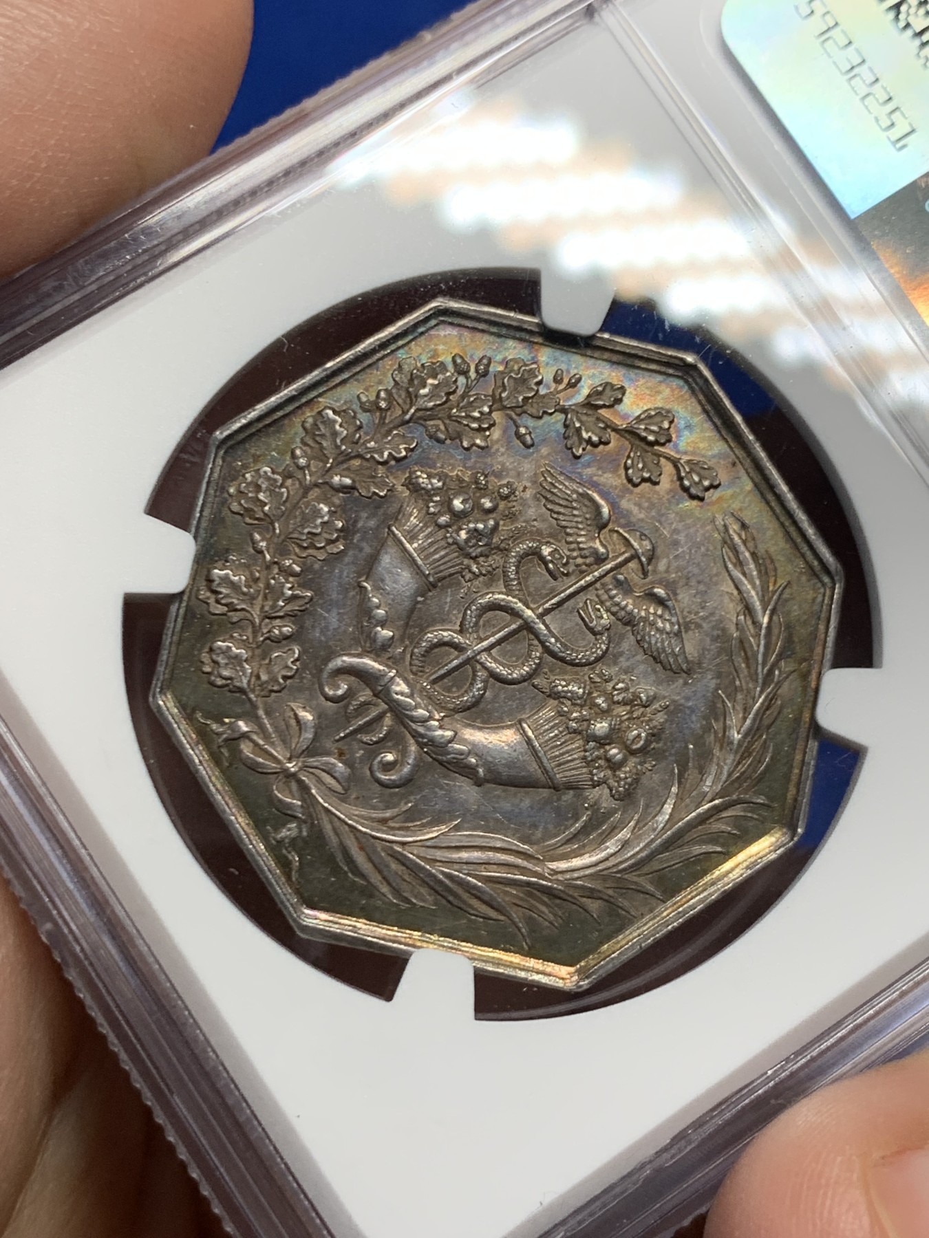 《竞宝斋》第250场-周日，周一 ，周二3场连拍 (全场包邮) NGC MS62 法国1819波尔多银行八角银质代币 蜜蜂边铭