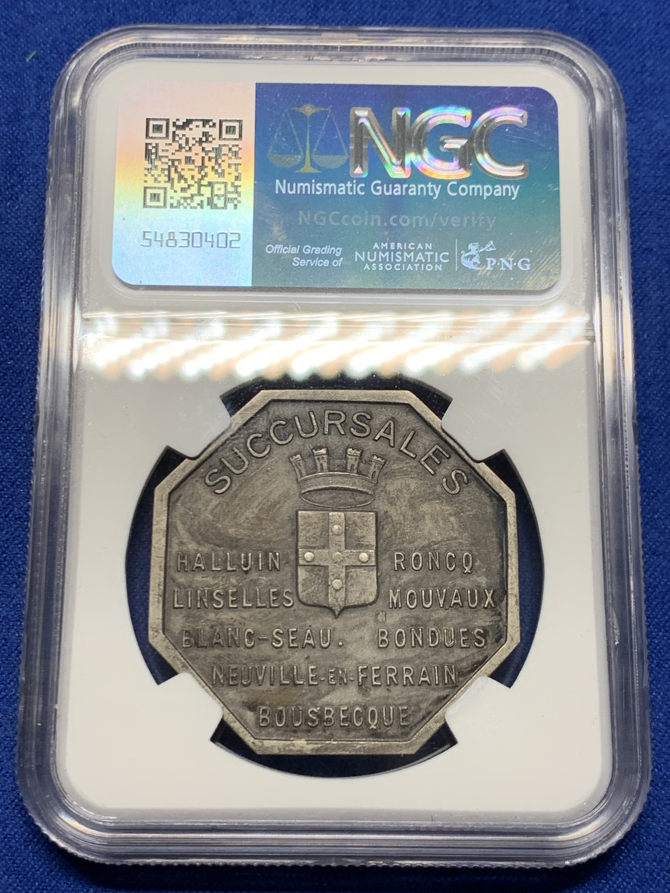 《竞宝斋》第250场-周日，周一 ，周二3场连拍 (全场包邮) NGC-MS63 法国八角银质代币，图尔昆储蓄银行