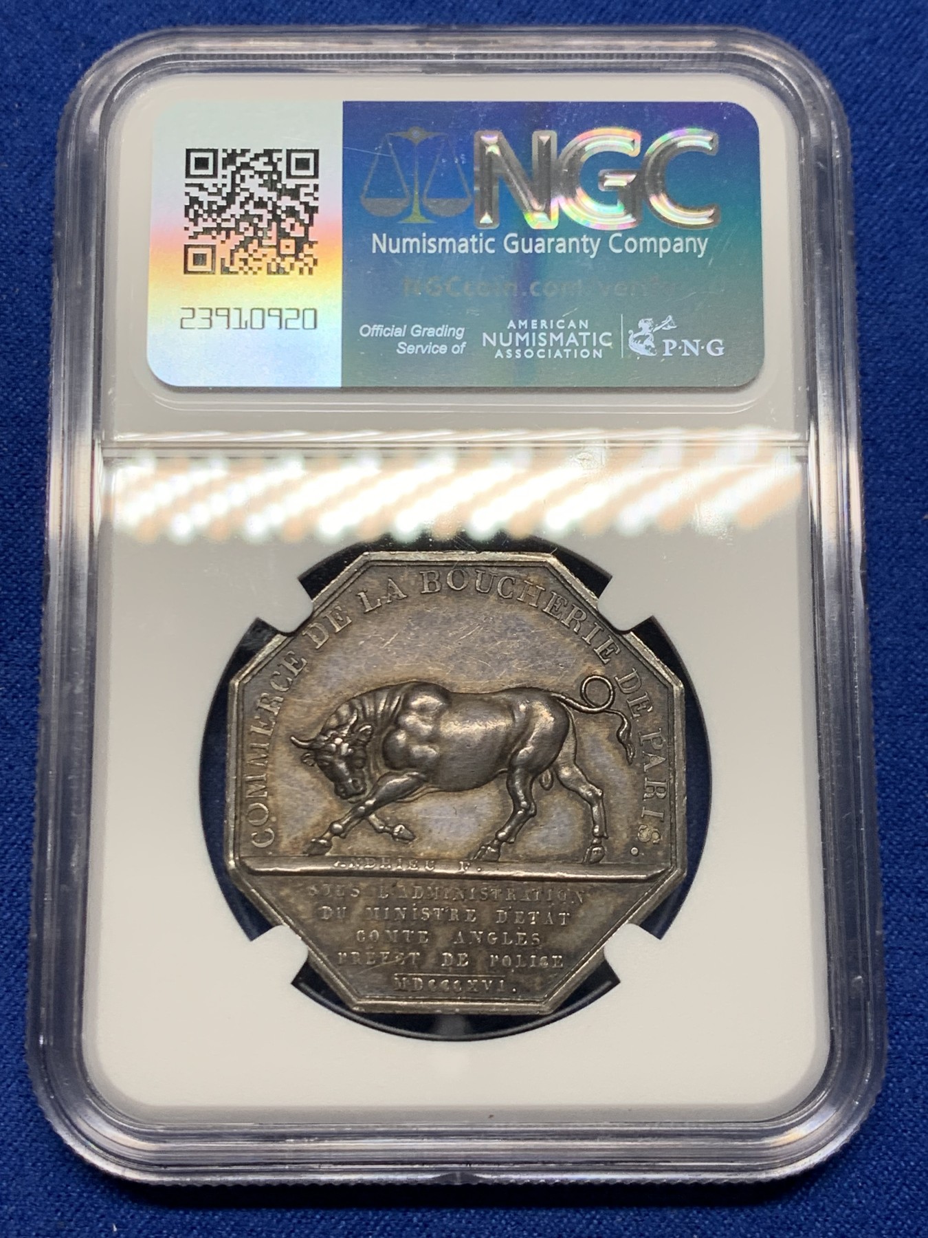 《竞宝斋》第250场-周日，周一 ，周二3场连拍 (全场包邮) NGC MS62 法国1816安德里厄八角银质代币