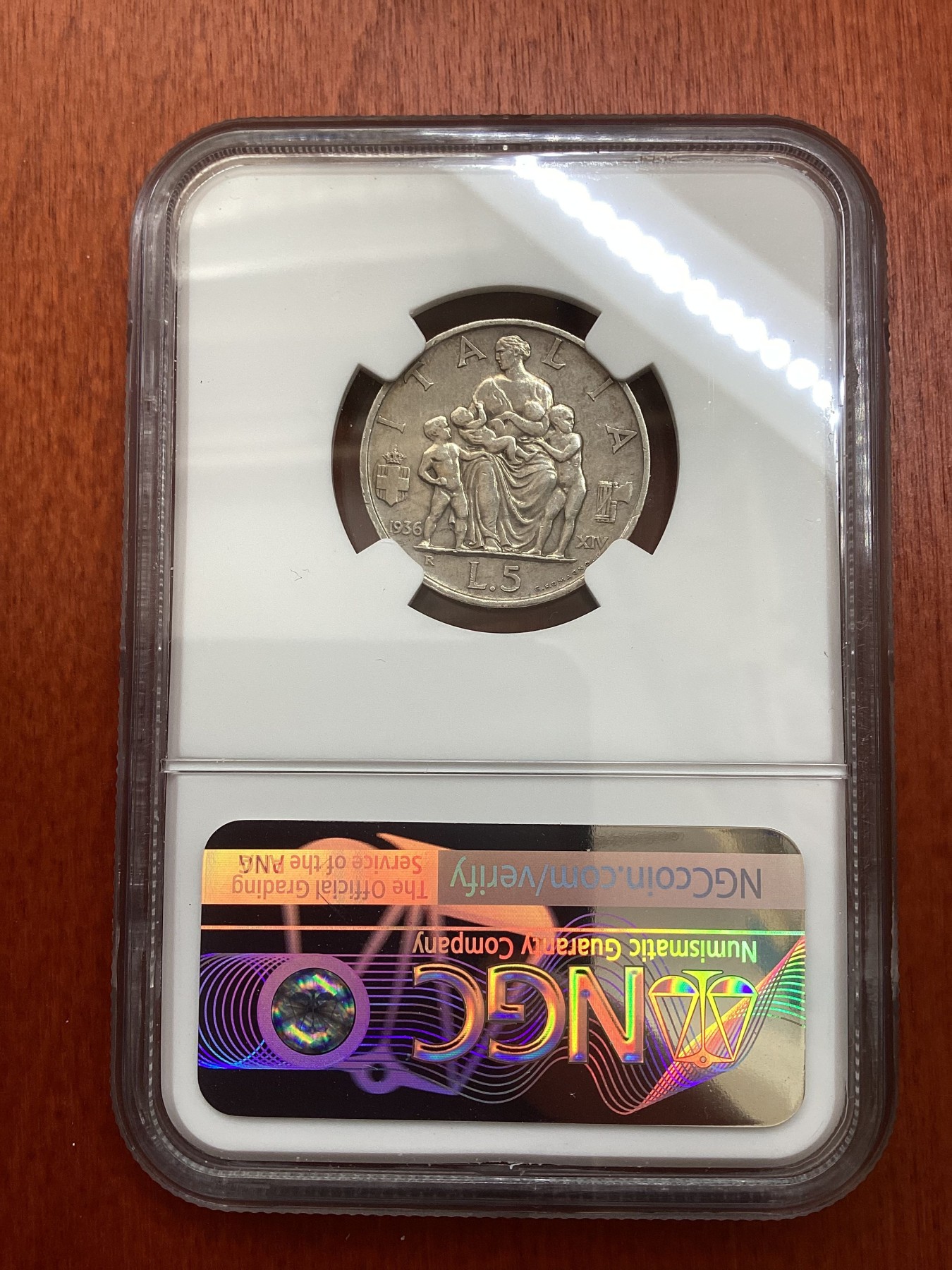 长老汇龙年精选第三场 1936R XIV  意大利伊曼纽尔三世5里拉银币，NGC AUC