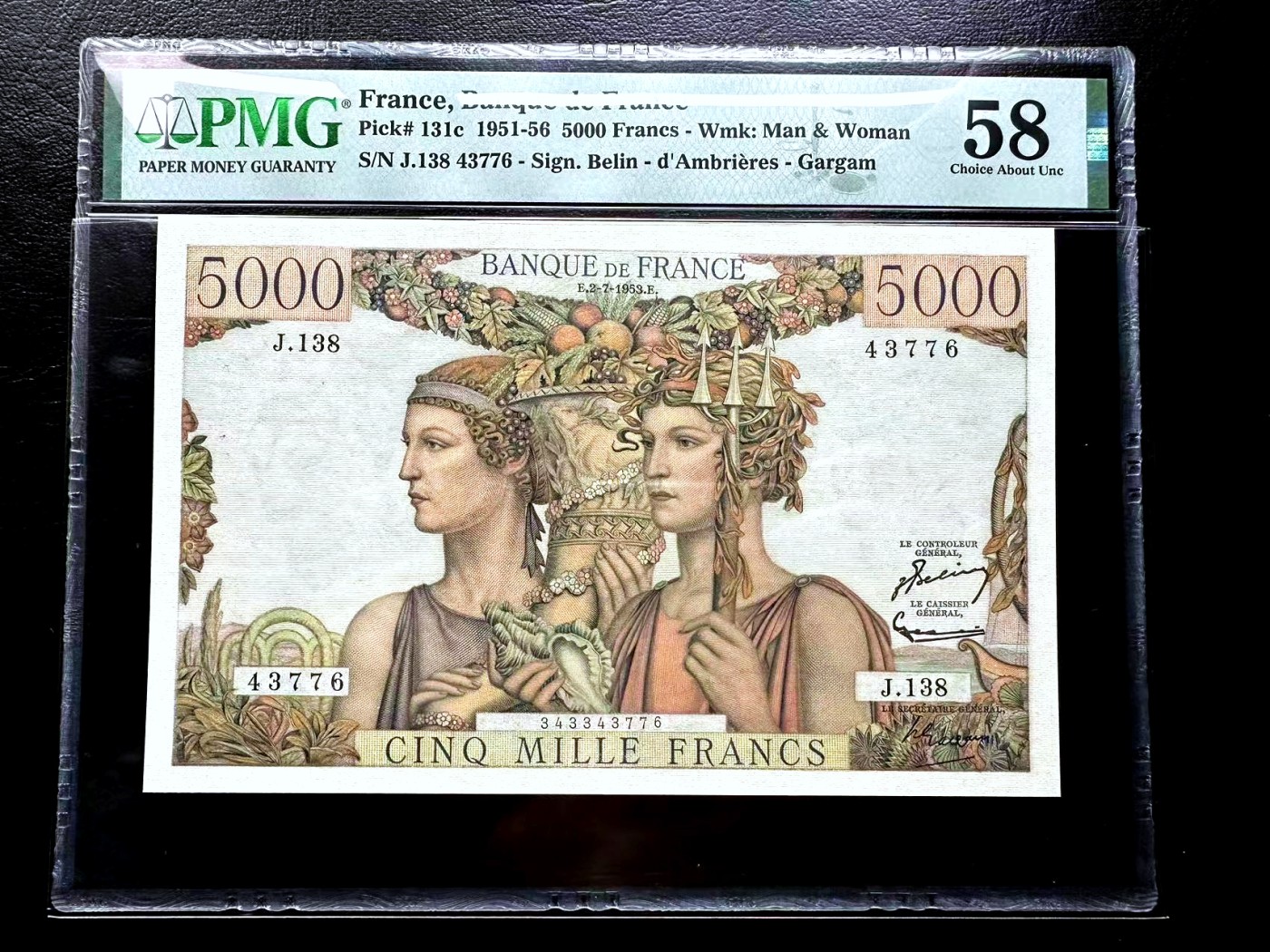 【Blue Auction】✨世界纸币精拍第448期【精】 法国 1953年5000法郎 PMG58 设计精美 