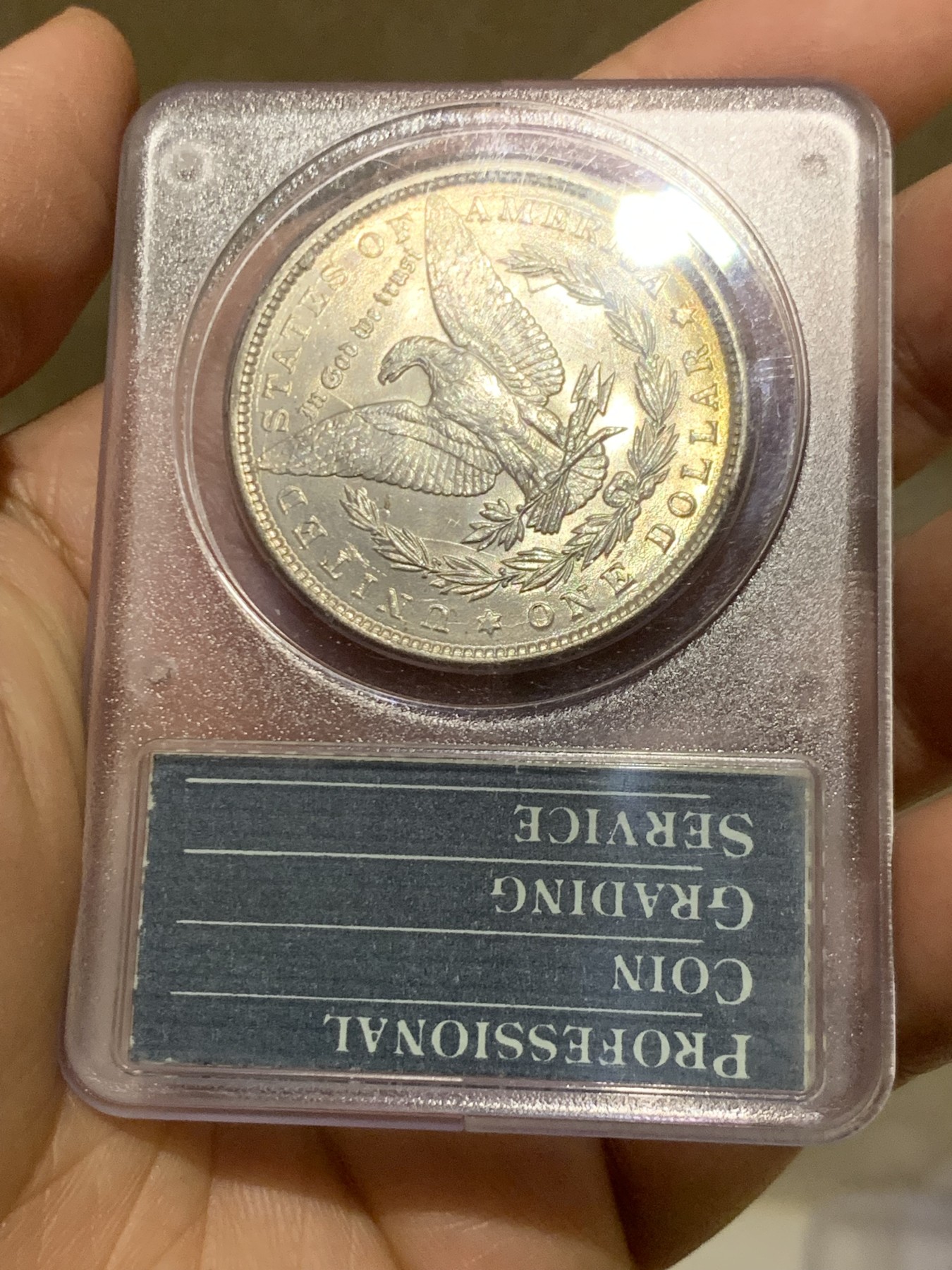 《竞宝斋》第249场-周日，周一 ，周二3场连拍 (全场包邮) PCGS MS64 美国 1887年 摩根银币 rattler 一代盒 正面淡紫包浆 鹰面银光十足 绝版盒子+低评品质