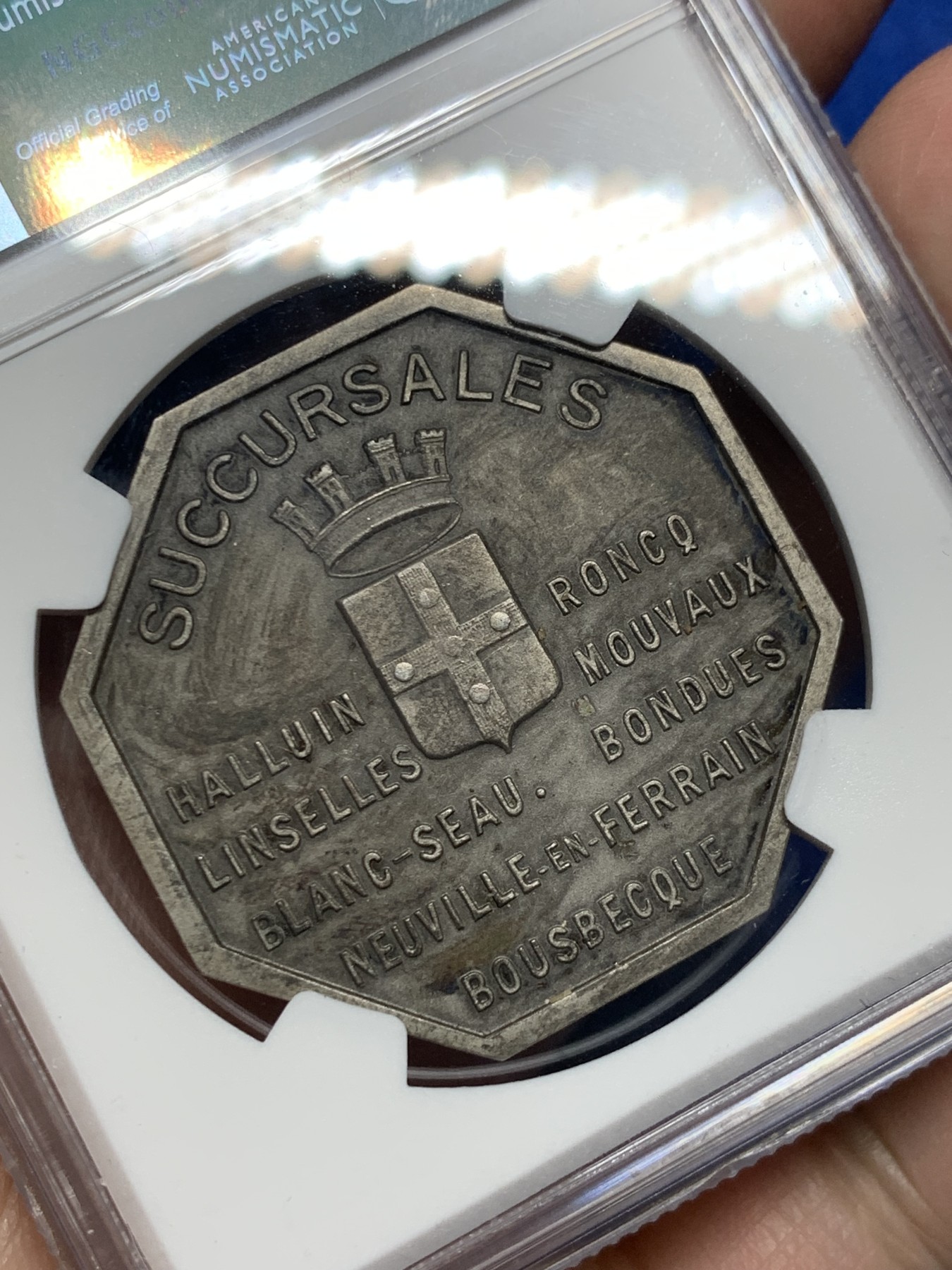 《竞宝斋》第250场-周日，周一 ，周二3场连拍 (全场包邮) NGC-MS63 法国八角银质代币，图尔昆储蓄银行