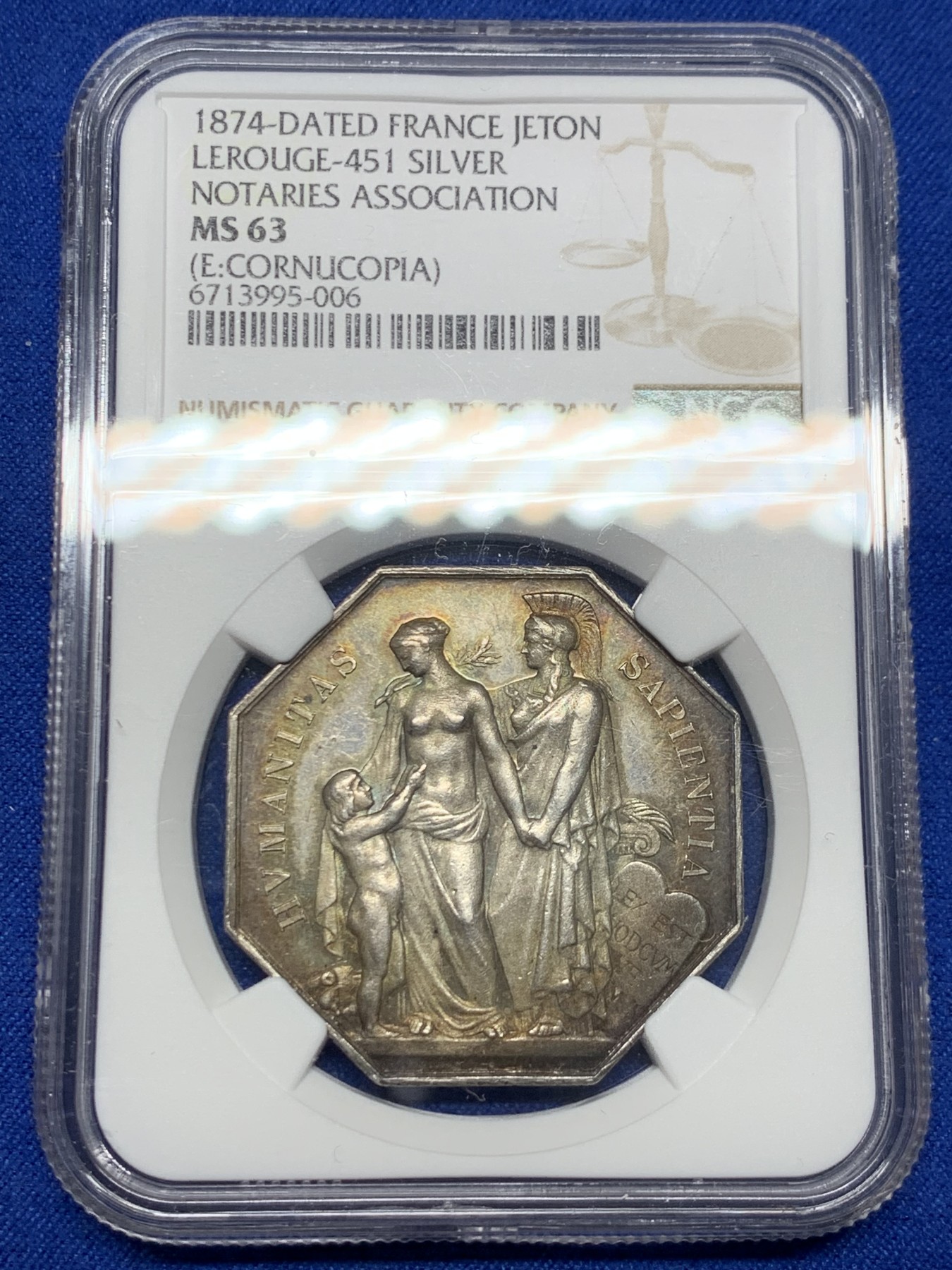 《竞宝斋》第250场-周日，周一 ，周二3场连拍 (全场包邮) NGC MS63 法国1874公证人协会八角银质代币 丰饶角边铭