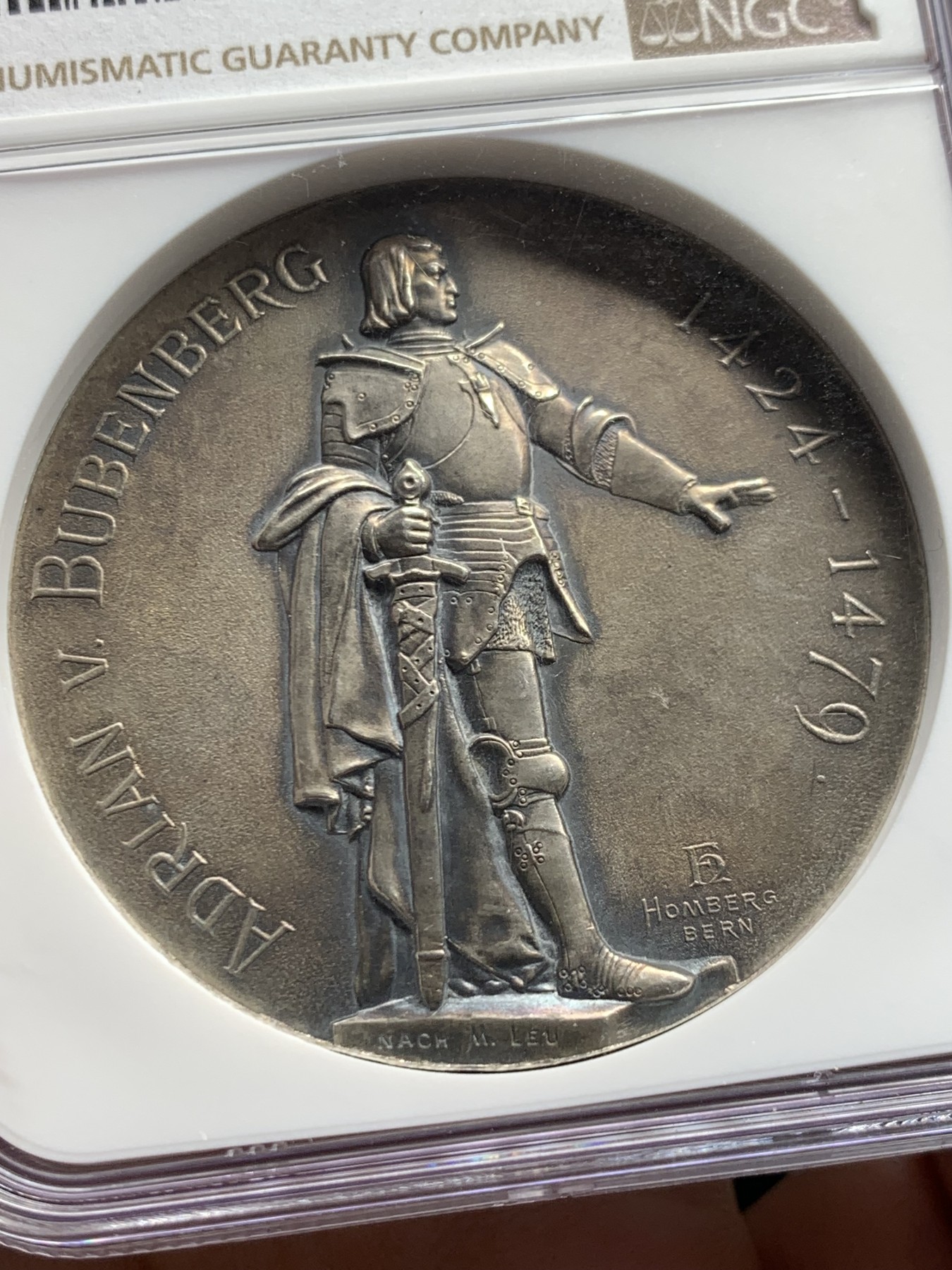 《竞宝斋》第250场-周日，周一 ，周二3场连拍 (全场包邮) NGC MS62 瑞士 1897 伯尔尼射击节 大银章 黑灰色包浆 细节好 熊的绒毛可见