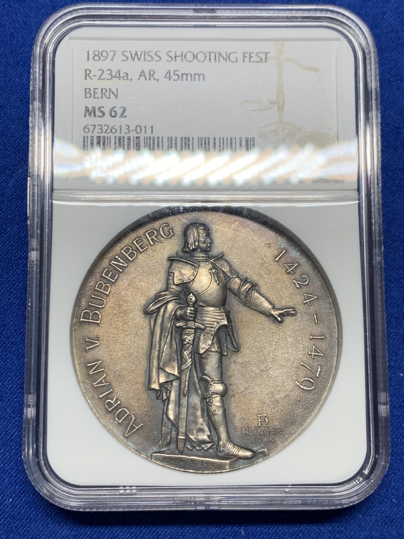 《竞宝斋》第250场-周日，周一 ，周二3场连拍 (全场包邮) NGC MS62 瑞士 1897 伯尔尼射击节 大银章 黑灰色包浆 细节好 熊的绒毛可见