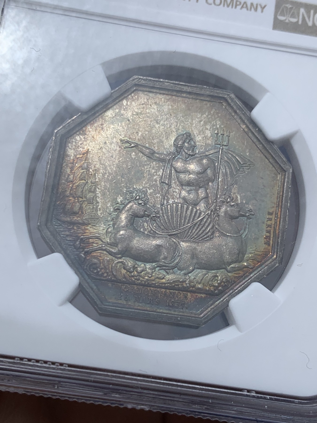 《竞宝斋》第250场-周日，周一 ，周二3场连拍 (全场包邮) NGC-MS62 法国JETON银质八角，海洋保险公司，名誉品海王，非常漂亮的彩色包浆