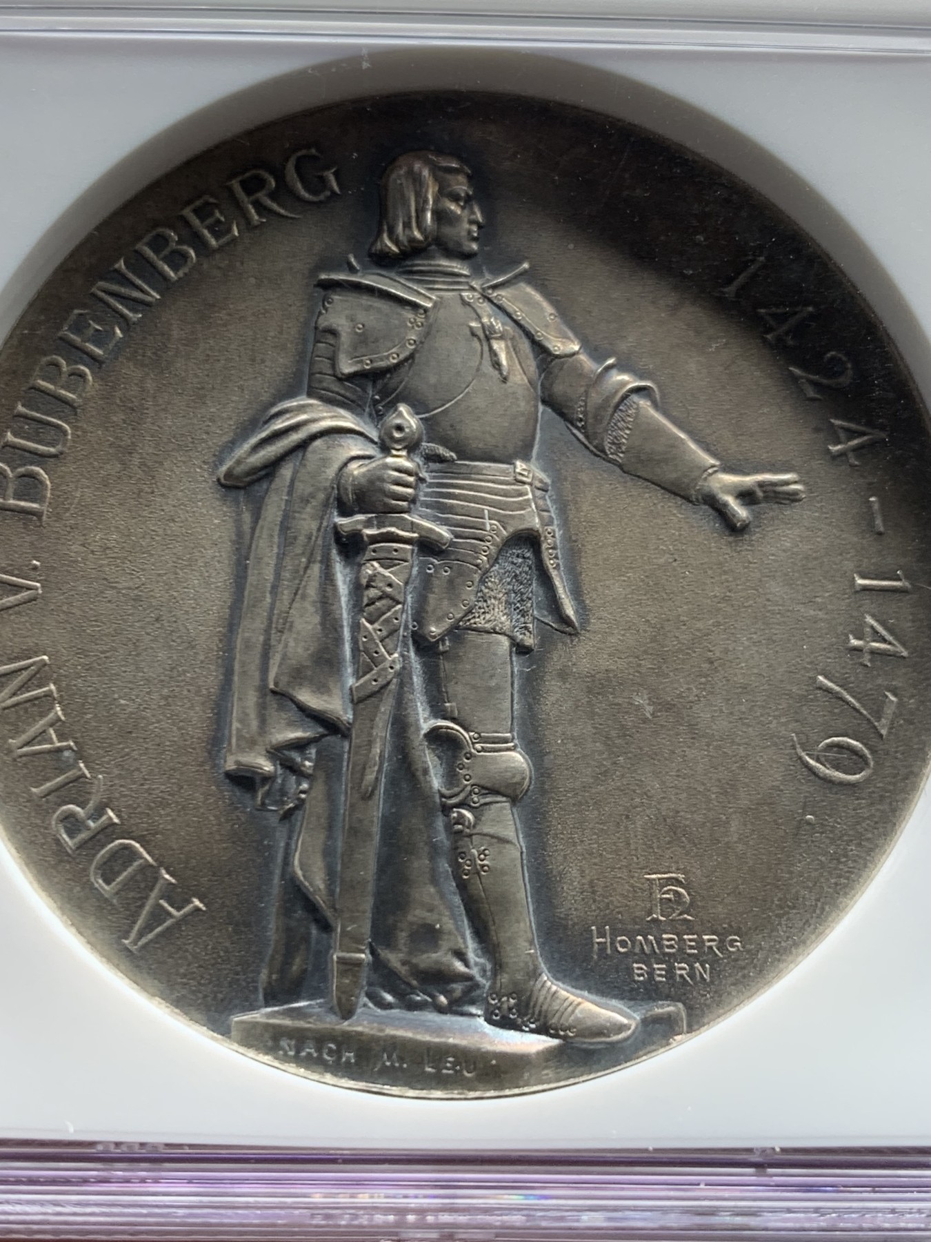 《竞宝斋》第250场-周日，周一 ，周二3场连拍 (全场包邮) NGC MS62 瑞士 1897 伯尔尼射击节 大银章 黑灰色包浆 细节好 熊的绒毛可见