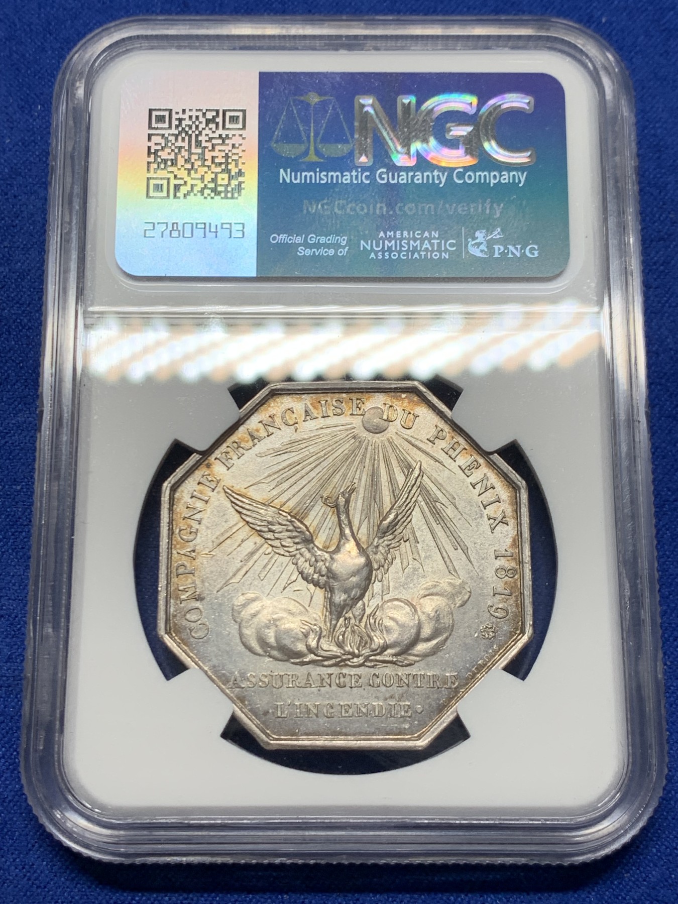 《竞宝斋》第250场-周日，周一 ，周二3场连拍 (全场包邮) NGC-MS63 法国八角银质代币，路易十八时期凤凰火灾保险公司