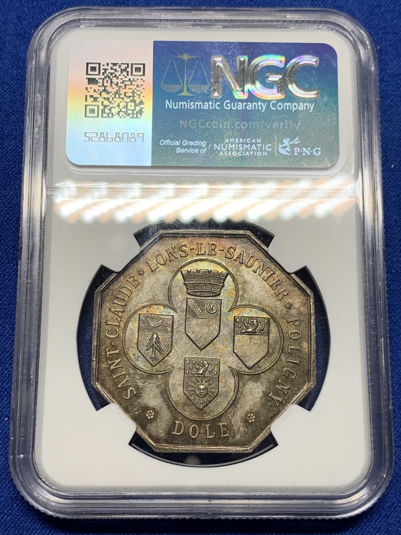 《竞宝斋》第250场-周日，周一 ，周二3场连拍 (全场包邮) NGC-MS64 法国八角银质代币，隆勒索尼商会，手持地球的墨丘利，造型和1869年的先见之明保险相似，极美五彩包浆，30+克非常厚重