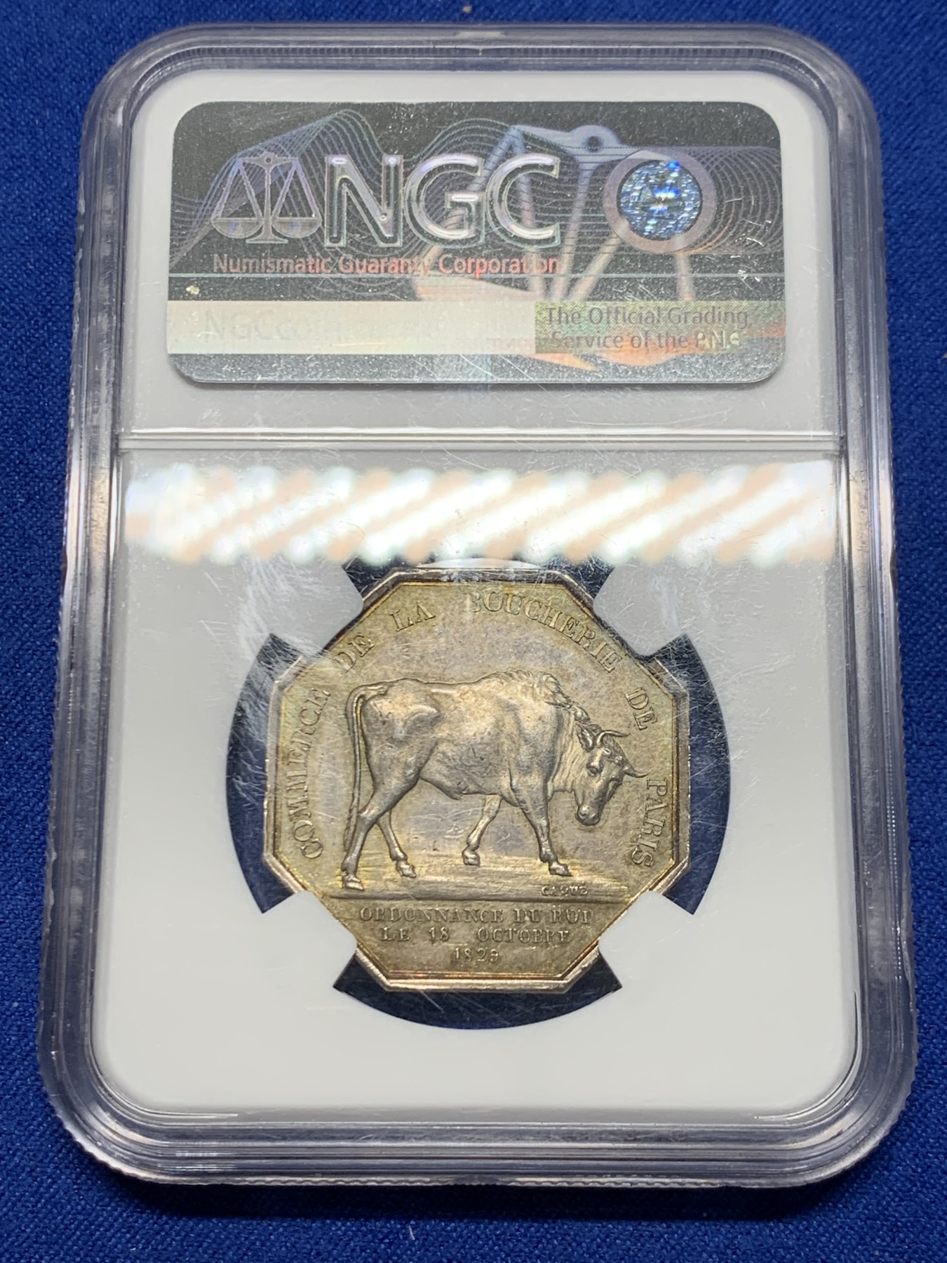 《竞宝斋》第250场-周日，周一 ，周二3场连拍 (全场包邮) NGC MS61 法国1829屠宰场贸易八角银质代币