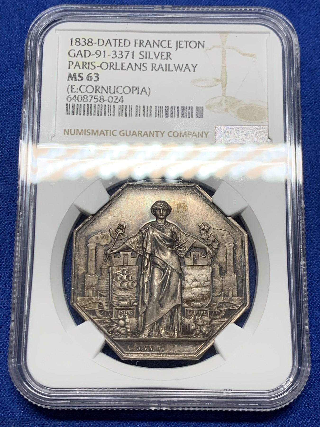 《竞宝斋》第250场-周日，周一 ，周二3场连拍 (全场包邮) NGC-MS63 法国八角银质代币，巴黎-奥尔良铁路通行