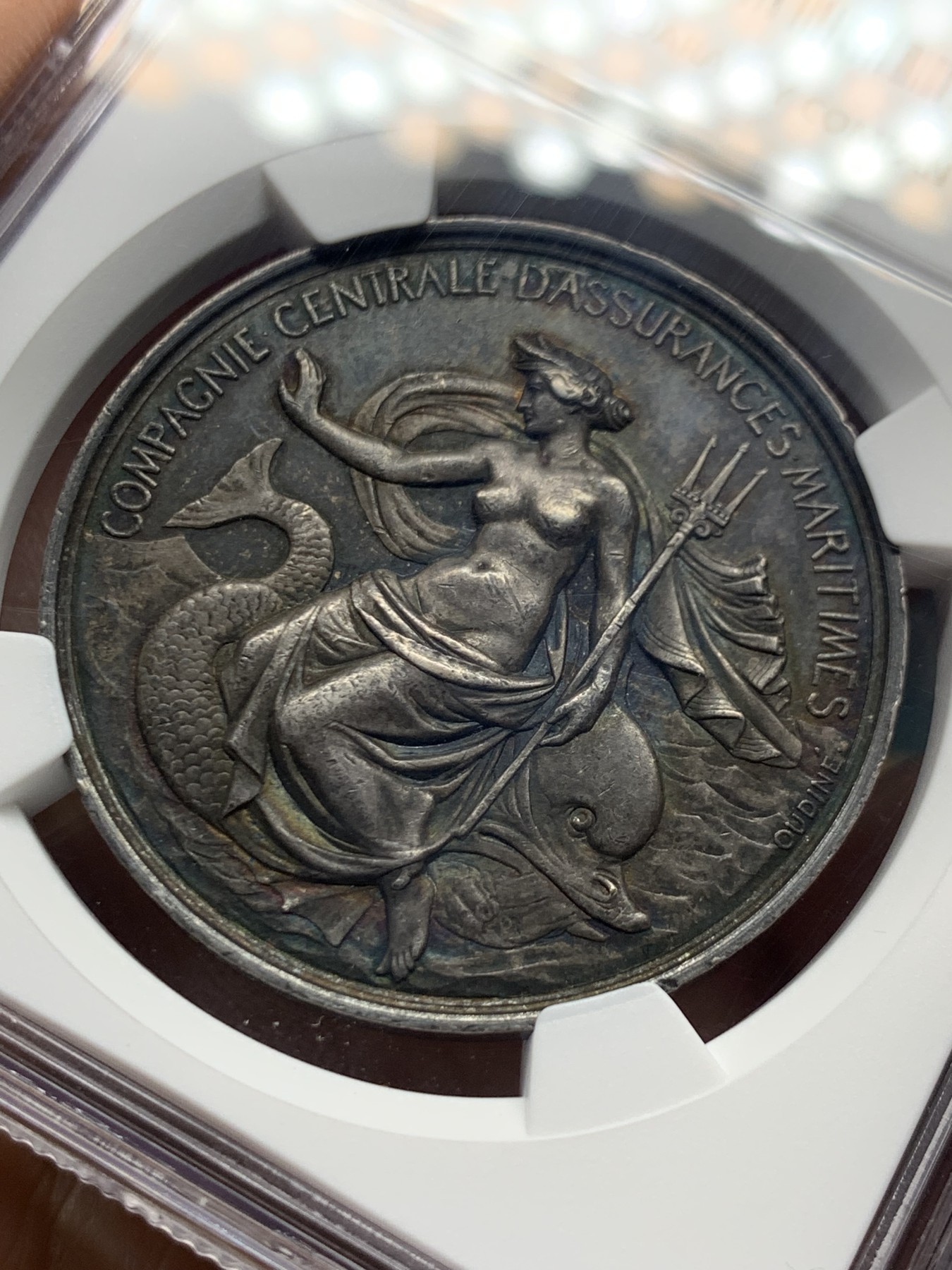 《竞宝斋》第250场-周日，周一 ，周二3场连拍 (全场包邮) NGC-AU58 法国中央海上保险公司银质代币，手持三叉戟的女海王安菲特里特