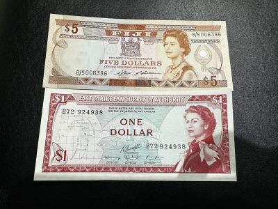 《外钞收藏家》第三百四十九期 - 斐济5刀 有折+东加勒比1刀全新轻微潮 两张一起