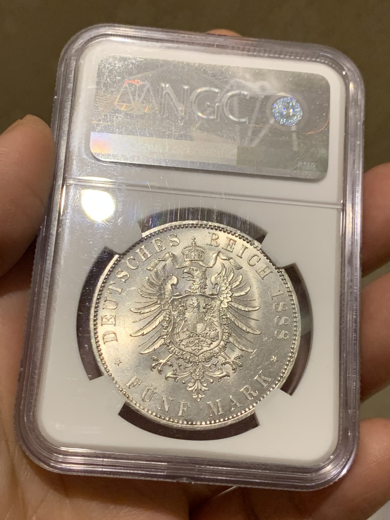 《竞宝斋》第249场-周日，周一 ，周二3场连拍 (全场包邮) NGC MS63+ 德国普鲁士 1888年 三皇 5马克 银币