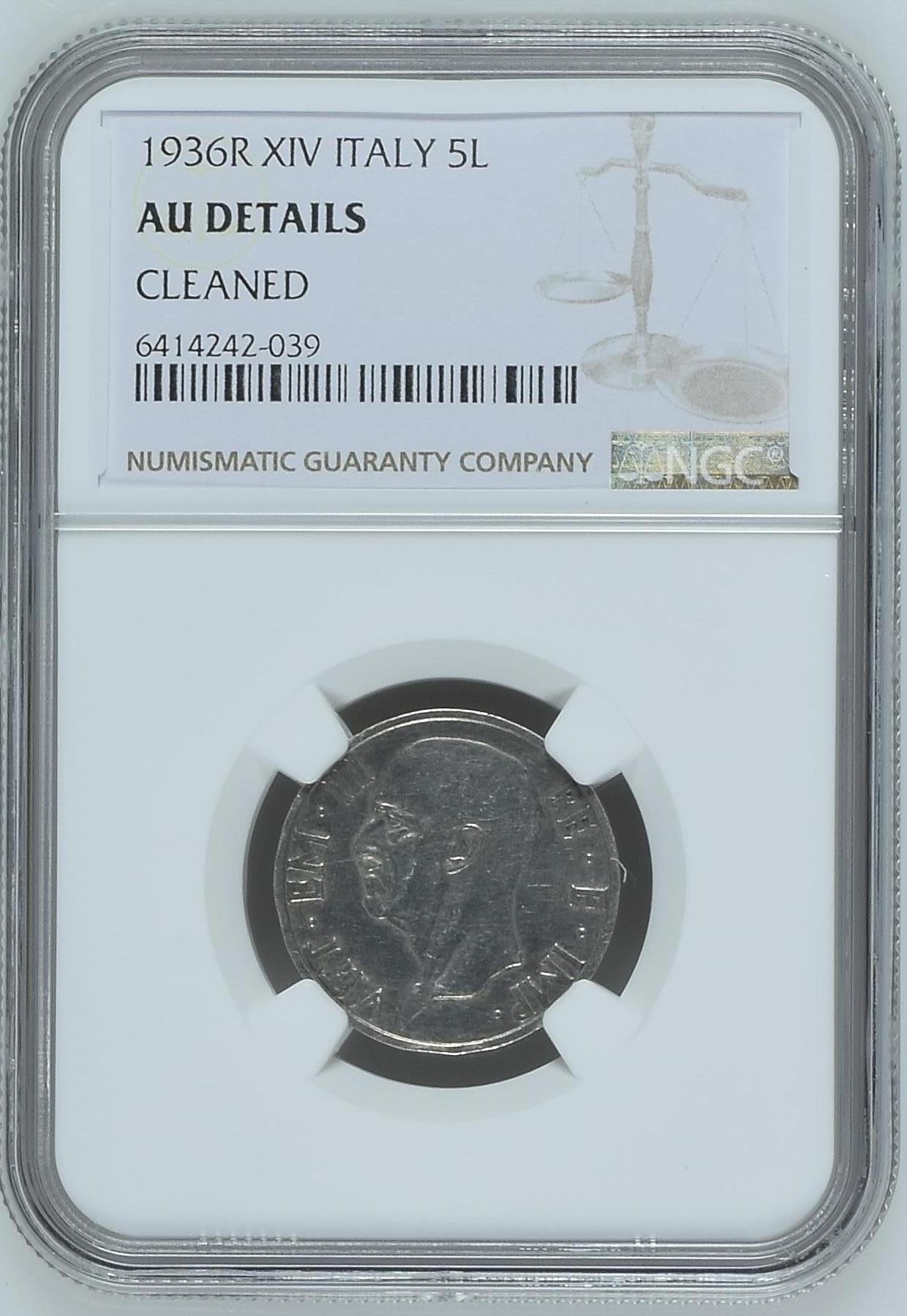长老汇龙年精选第三场 1936R XIV  意大利伊曼纽尔三世5里拉银币，NGC AUC