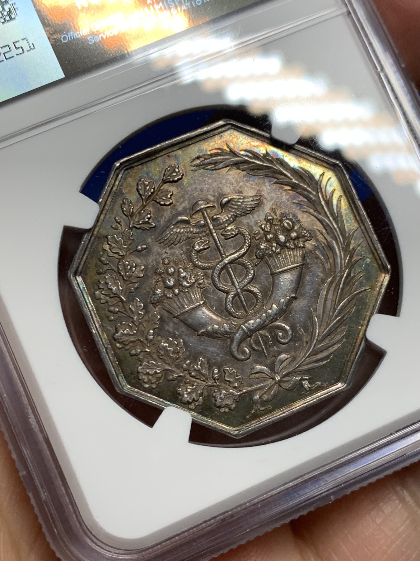 《竞宝斋》第250场-周日，周一 ，周二3场连拍 (全场包邮) NGC MS62 法国1819波尔多银行八角银质代币 蜜蜂边铭