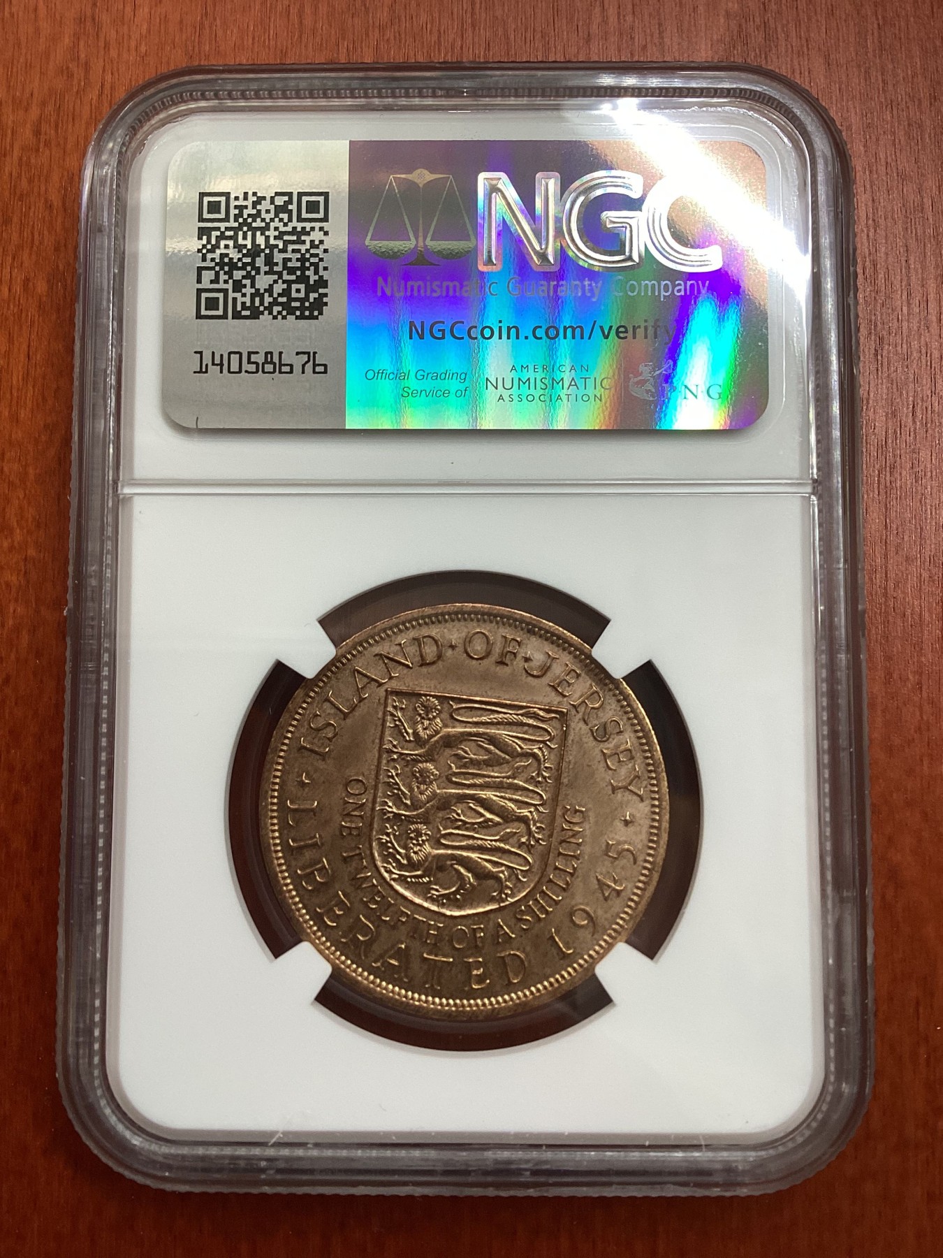 长老汇龙年精选第三场 1945 泽西伊丽莎白二1/12先令铜币，NGC MS63RB，骡币，背面误用了乔治六世1/12先令模版，更高分仅有17枚