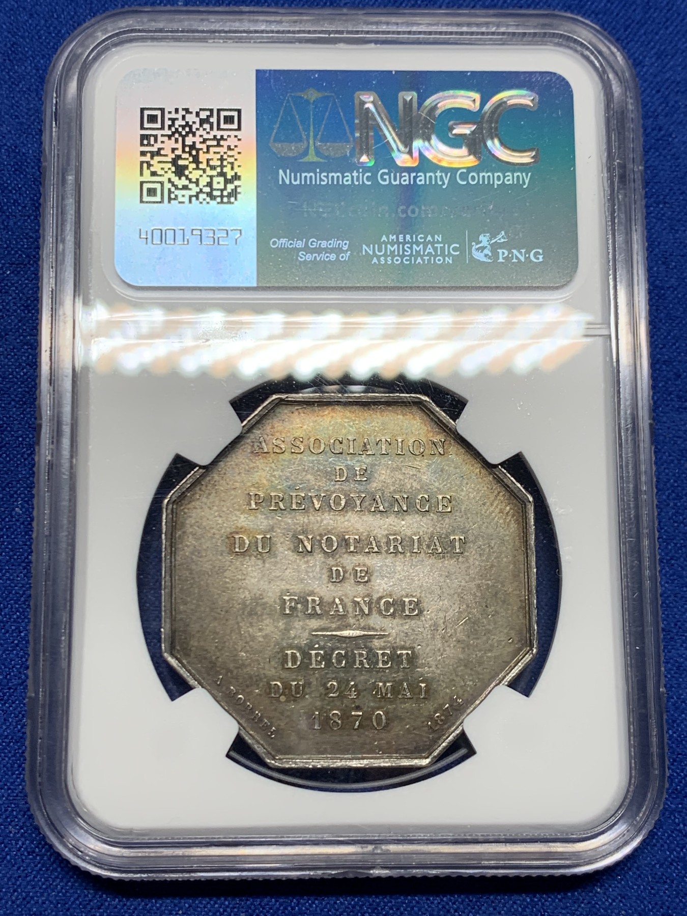 《竞宝斋》第250场-周日，周一 ，周二3场连拍 (全场包邮) NGC MS63 法国1874公证人协会八角银质代币 丰饶角边铭