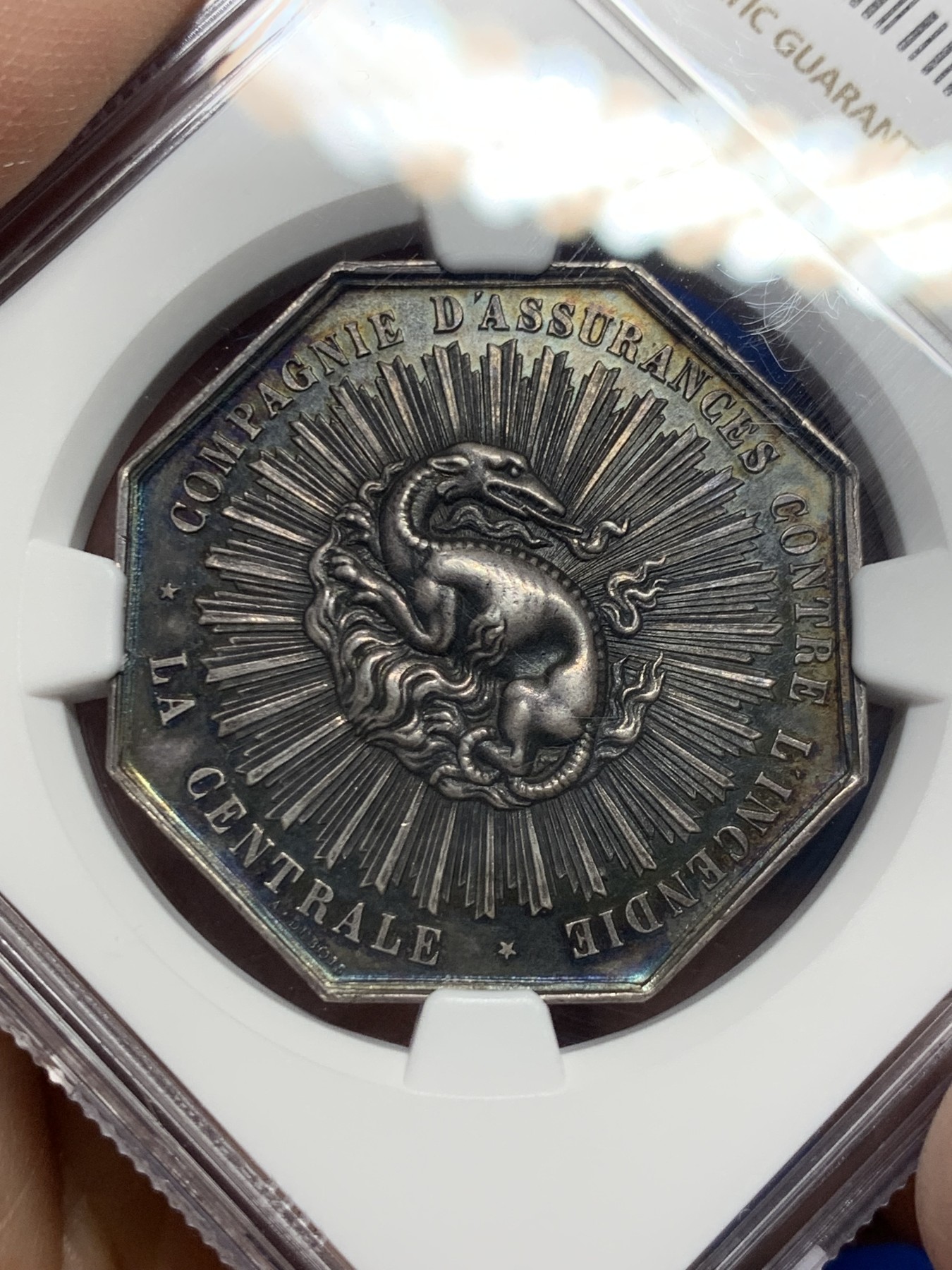 《竞宝斋》第250场-周日，周一 ，周二3场连拍 (全场包邮) NGC-MS63 法国八角银章，中央保险公司，状态极好的小火龙