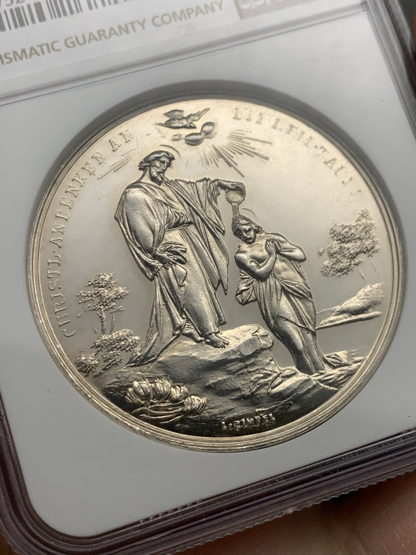 《竞宝斋》第250场-周日，周一 ，周二3场连拍 (全场包邮) NGC-MS62 德国1897年洗礼纪念银章，守护天使俯身在婴儿身旁