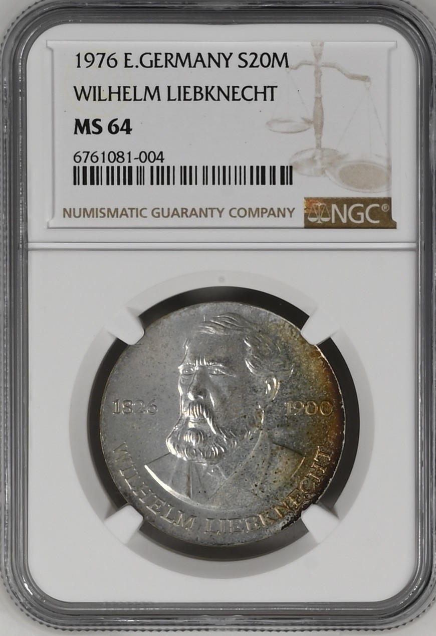 长老汇龙年精选第三场 1976 东德威廉·李卜克内西20马克银币，NGC MS64分，更高分仅有6枚