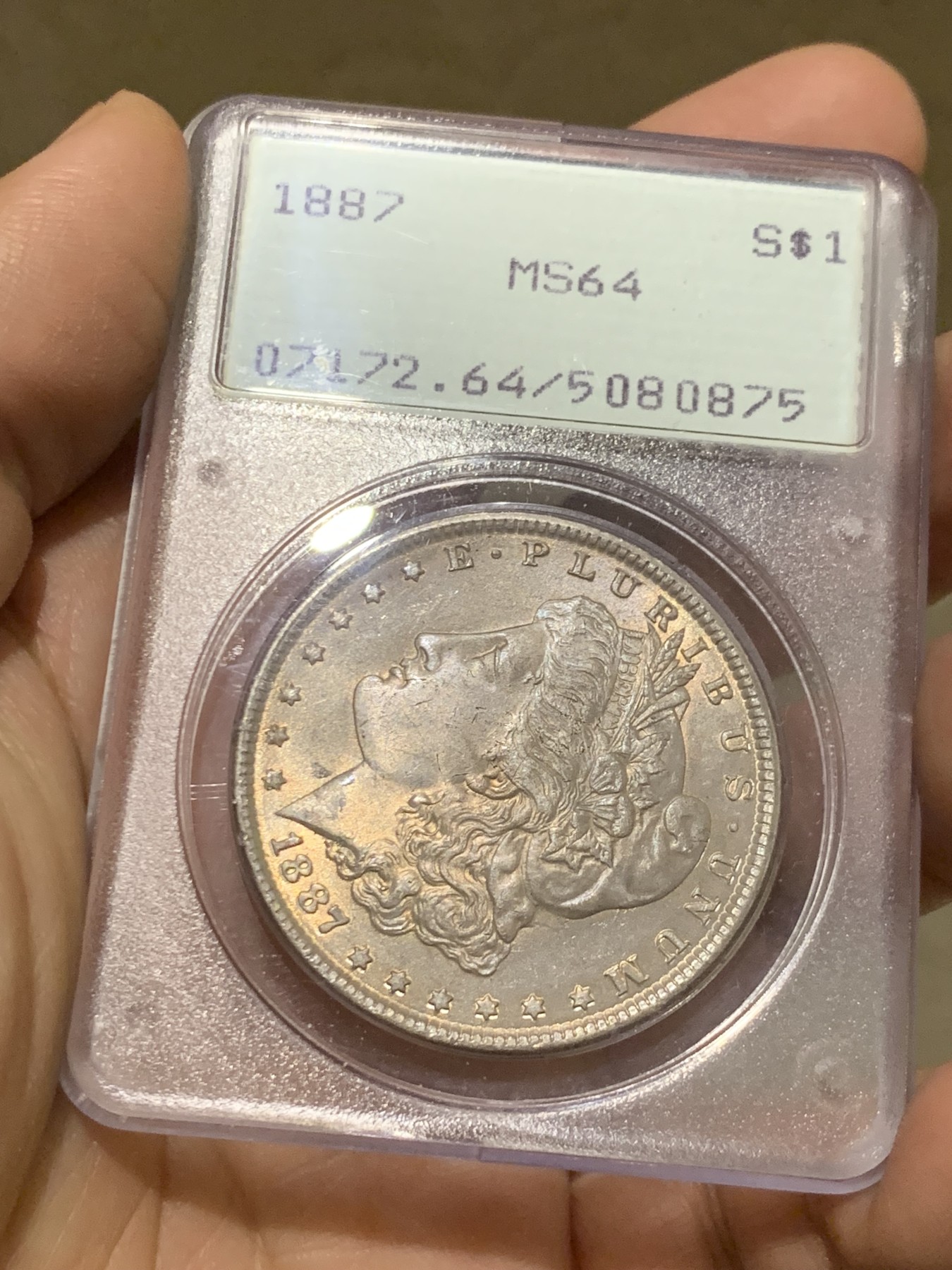 《竞宝斋》第249场-周日，周一 ，周二3场连拍 (全场包邮) PCGS MS64 美国 1887年 摩根银币 rattler 一代盒 正面淡紫包浆 鹰面银光十足 绝版盒子+低评品质