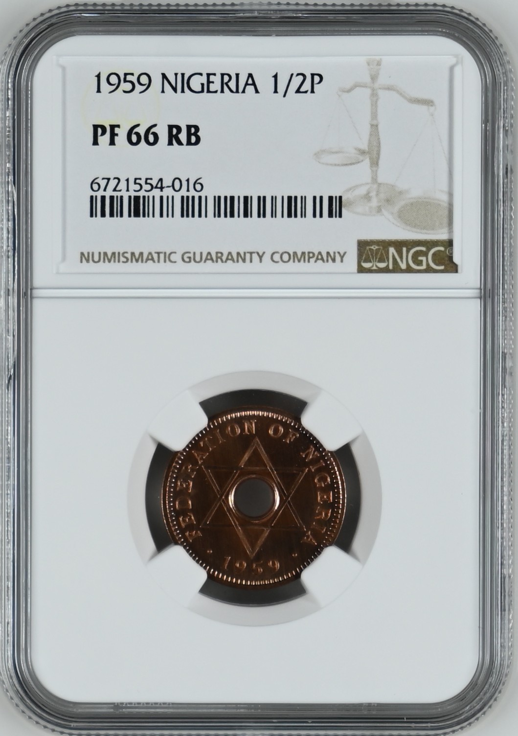 长老汇龙年精选第三场 1959 尼日利亚伊丽莎白二1/2便士精制铜币，NGC PF66RB，唯一记录，发行量6031枚