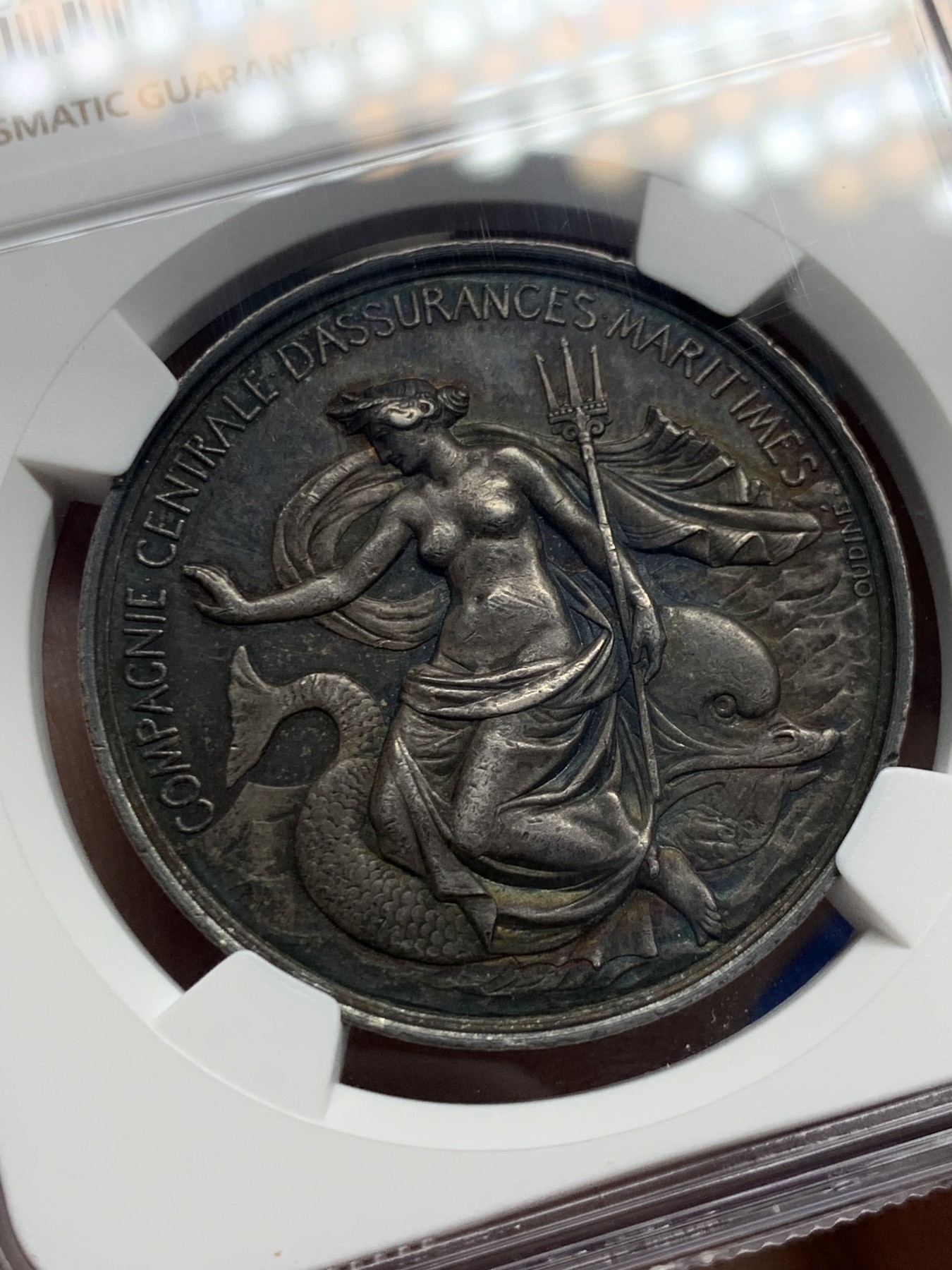 《竞宝斋》第250场-周日，周一 ，周二3场连拍 (全场包邮) NGC-AU58 法国中央海上保险公司银质代币，手持三叉戟的女海王安菲特里特