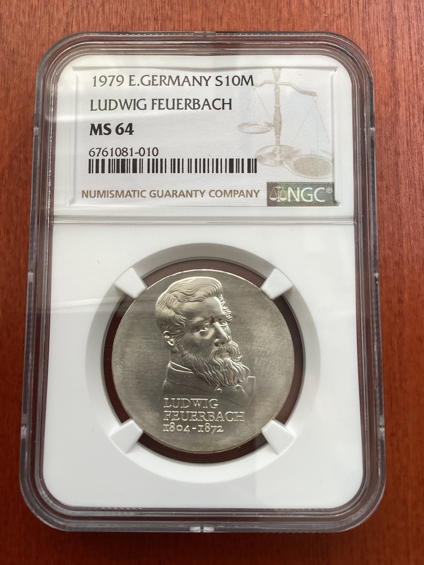 长老汇龙年精选第三场 1979 东德费尔巴哈10马克银币，NGC MS64分，更高分仅有13枚