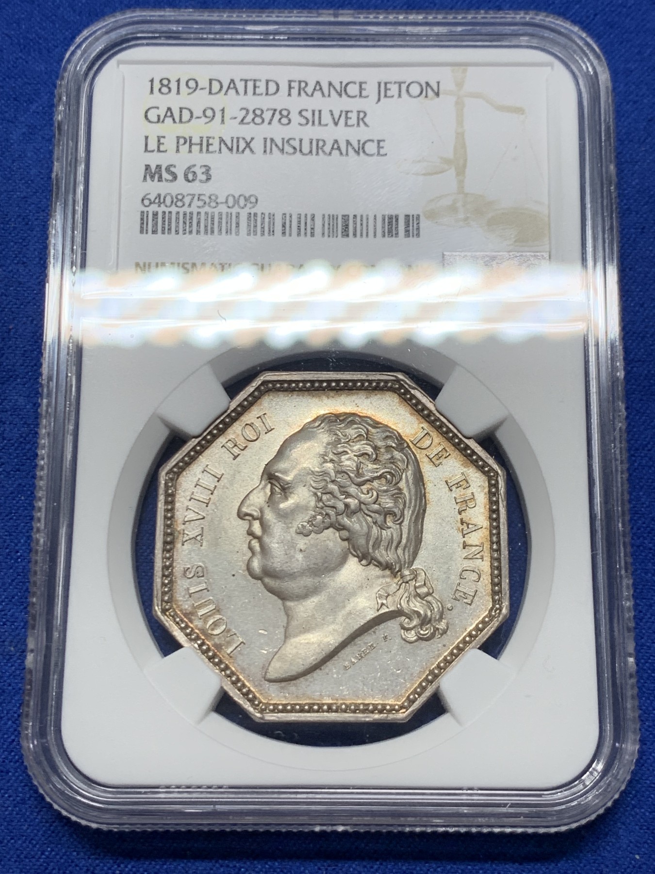 《竞宝斋》第250场-周日，周一 ，周二3场连拍 (全场包邮) NGC-MS63 法国八角银质代币，路易十八时期凤凰火灾保险公司